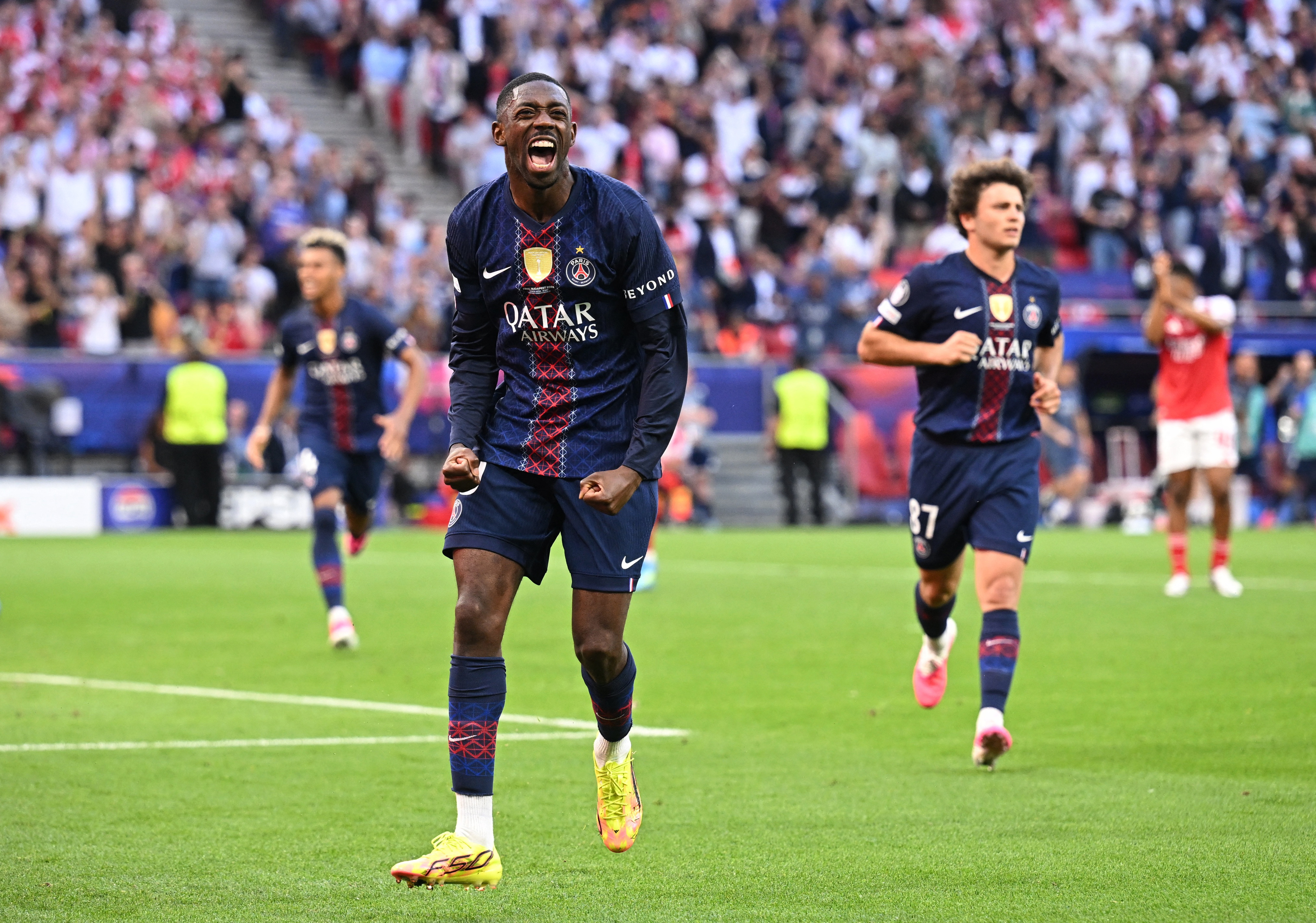 Soccer Football - UEFA Champions League - Final - Paris St Germain v Arsenal - Puskas Arena, Budapest, Hungary - May 30, 2026 Paris St Germain's Ousmane Dembele celebrates scoring their first goal REUTERS/Angelika Warmuth