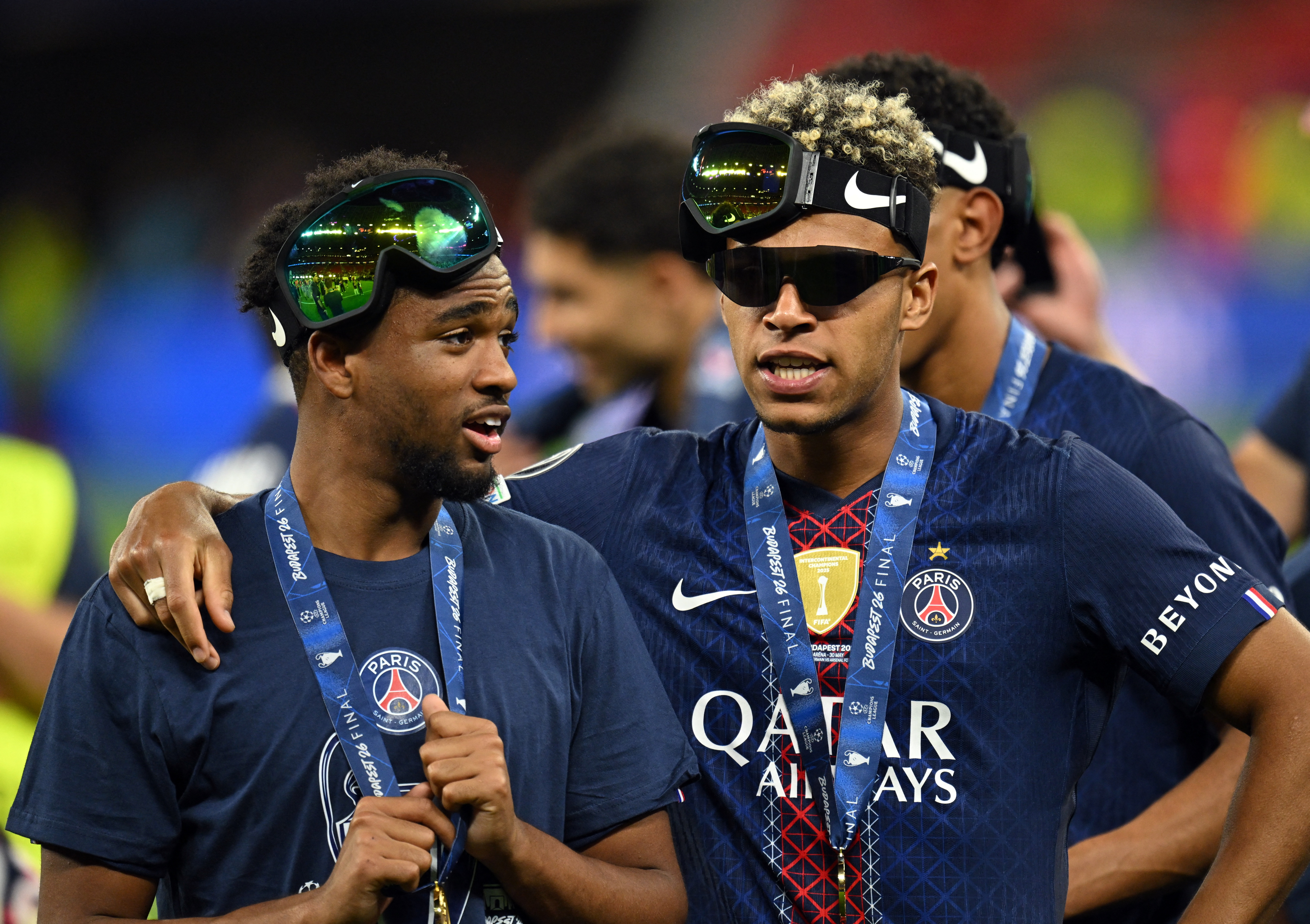 Soccer Football - UEFA Champions League - Final - Paris St Germain v Arsenal - Puskas Arena, Budapest, Hungary - May 30, 2026 Paris St Germain's Desire Doue and Ibrahim Mbaye celebrate after winning the UEFA Champions League REUTERS/Angelika Warmuth