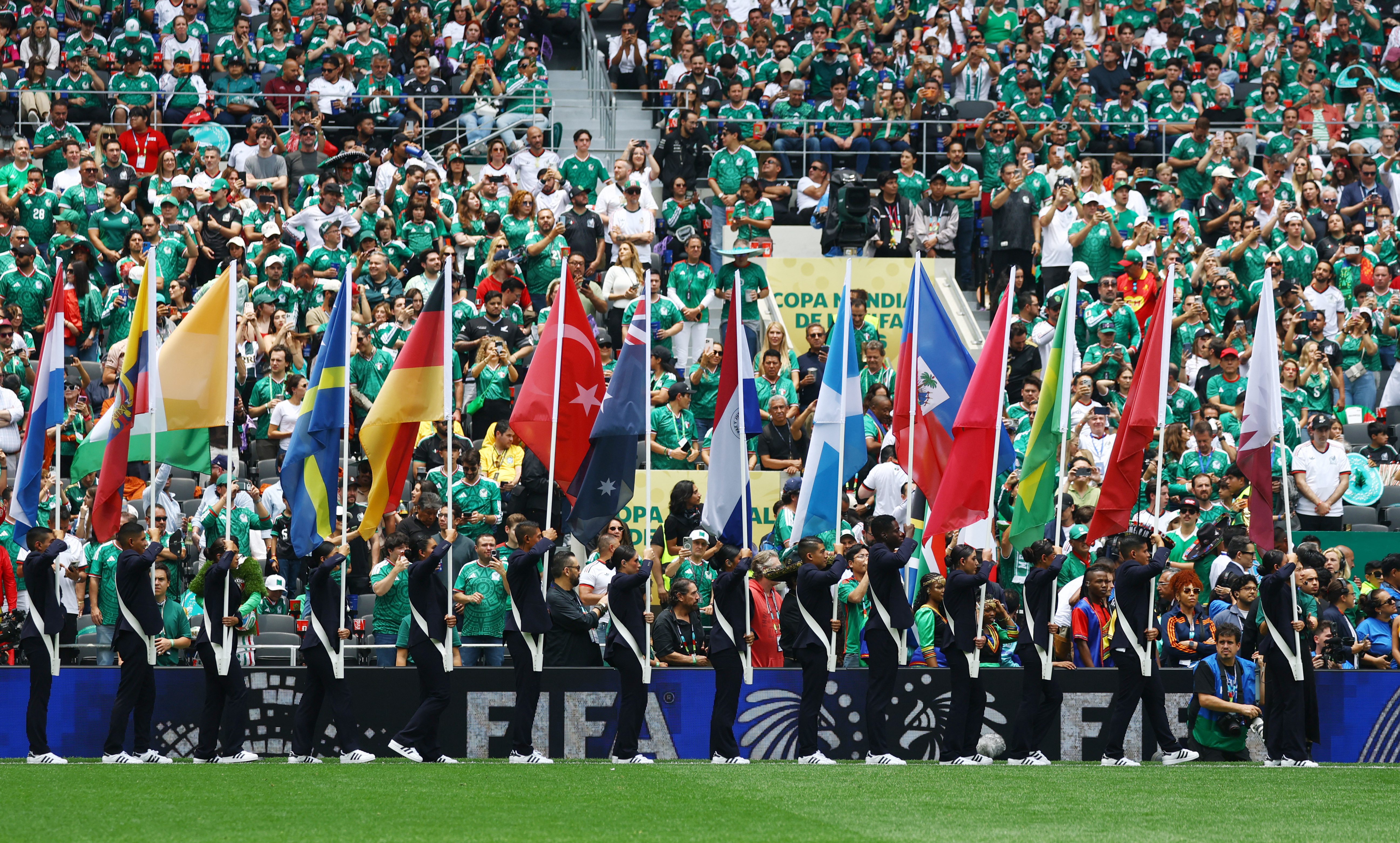 Soccer Football - FIFA World Cup 2026 - Group A - Mexico v South Africa - Estadio Azteca, Mexico City, Mexico - June 11, 2026 The flags of participating countries are displayed before the match REUTERS/Pawel Kopczynski