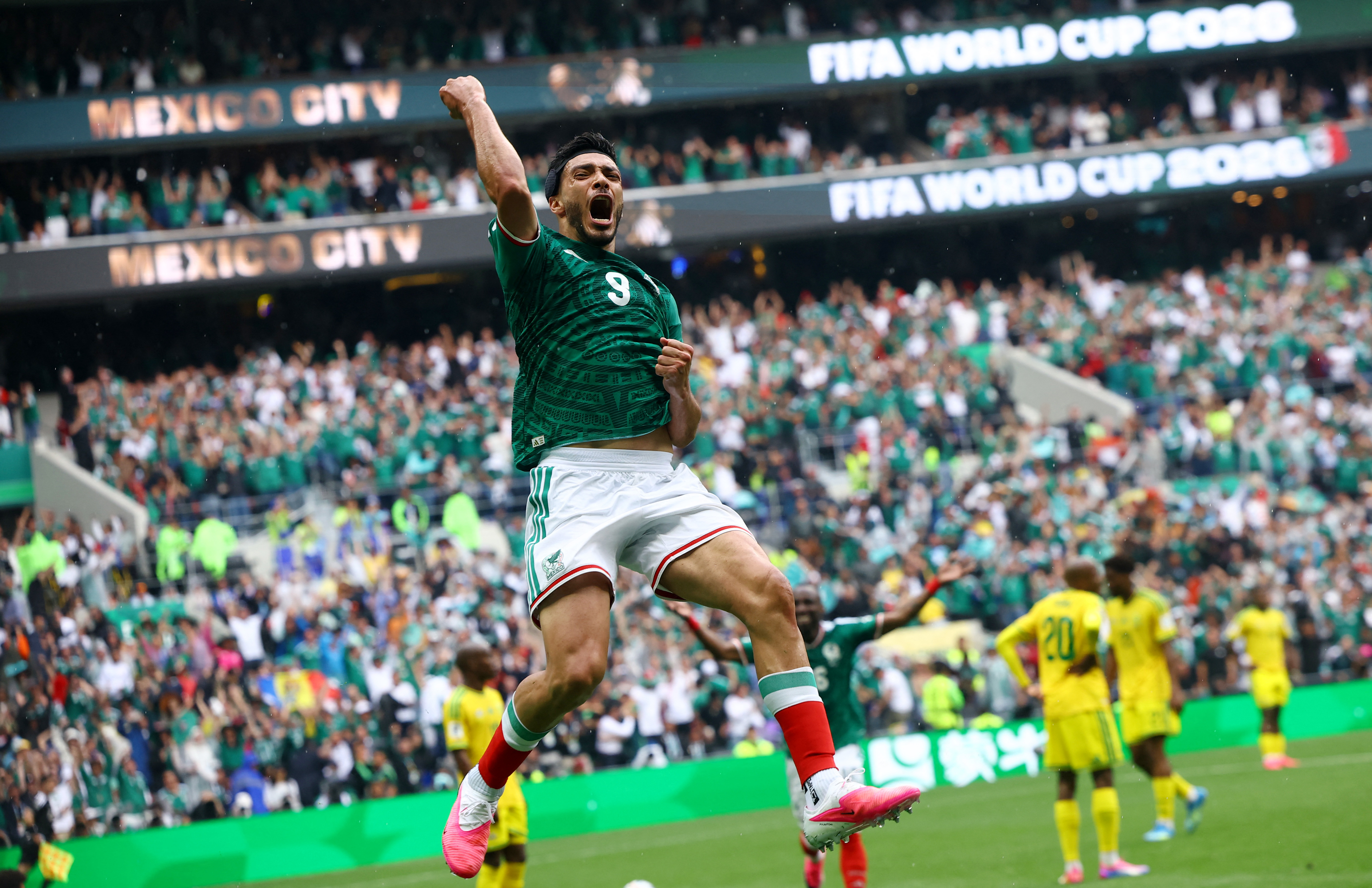 Soccer Football - FIFA World Cup 2026 - Group A - Mexico v South Africa - Estadio Azteca, Mexico City, Mexico - June 11, 2026 Mexico's Raul Jimenez celebrates scoring their second goal REUTERS/Pawel Kopczynski
