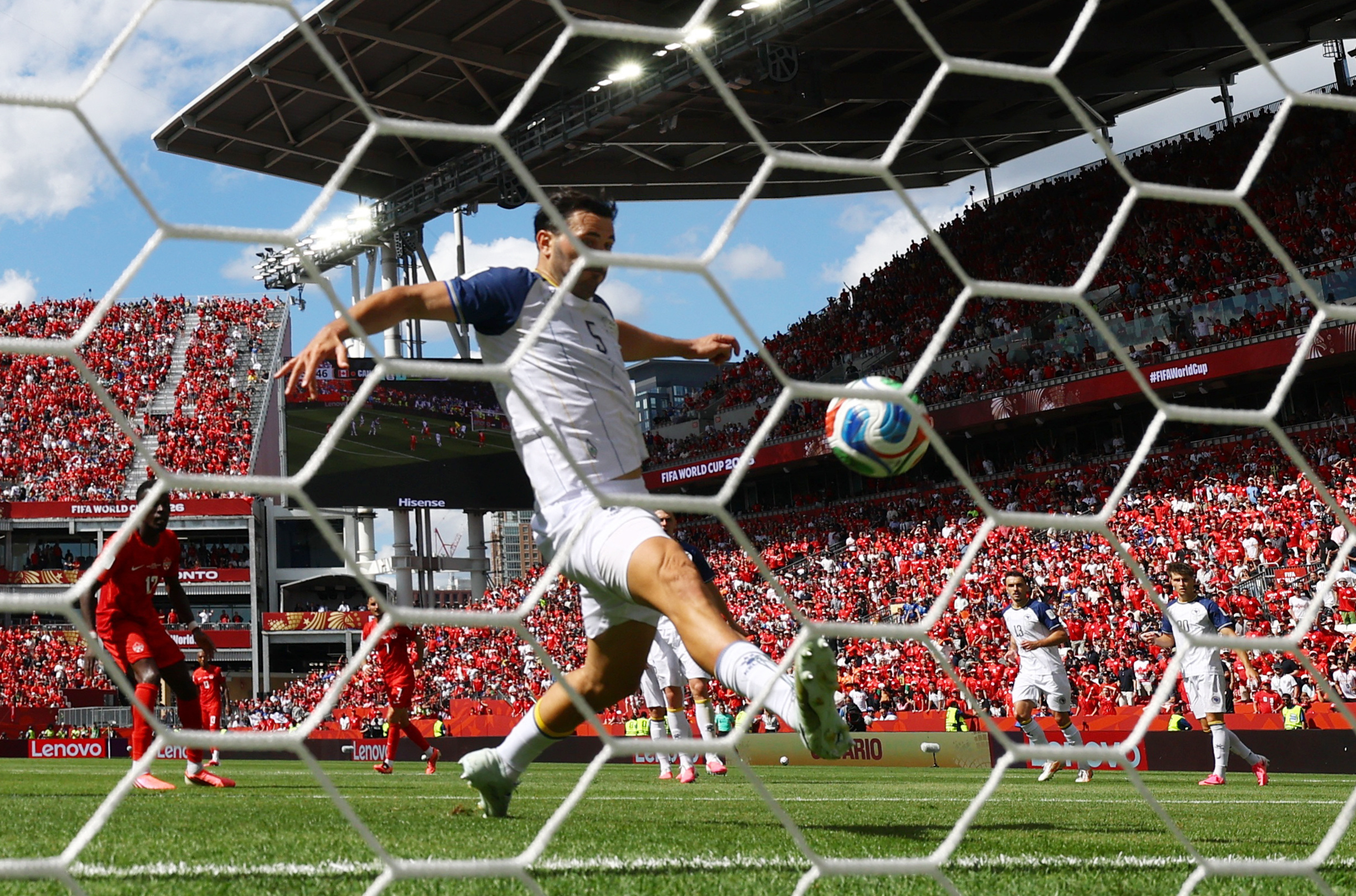 Soccer Football - FIFA World Cup 2026 - Group B - Canada v Bosnia and Herzegovina - Toronto Stadium, Toronto, Canada - June 12, 2026 Bosnia and Herzegovina's Sead Kolasinac deflects the ball onto the post after a shot REUTERS/Claudia Greco