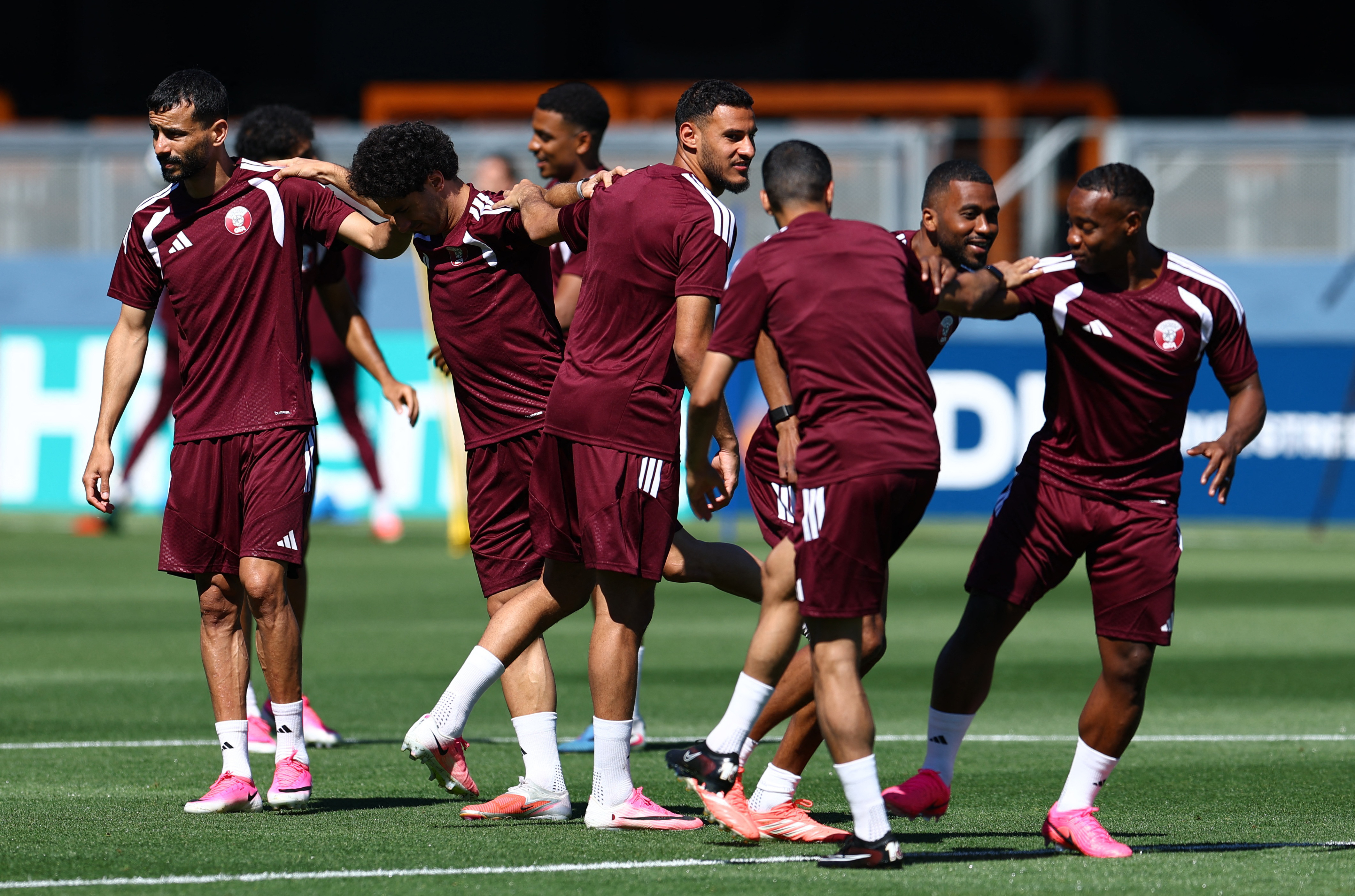 Soccer Football - FIFA World Cup 2026 - Qatar Training - San Jose Park, San Jose, California, U.S. - June 12, 2026 Qatar's Boualem Khoukhi, Ahmed Alaaeldin, Mohamed Manai, Abdulaziz Hatem and Assim Madibo during training REUTERS/Eloisa Lopez
