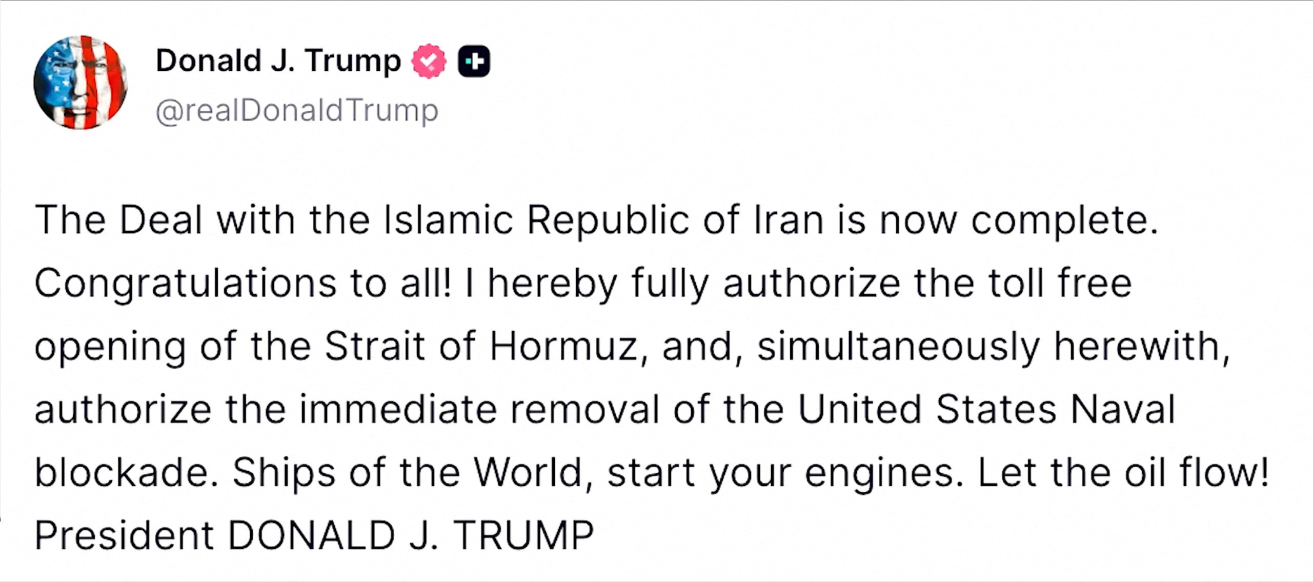 Social media post by U.S. President Donald Trump announcing a deal with Iran to end their war, June 14, 2026.    Social Media Website/Handout via REUTERS    THIS IMAGE HAS BEEN SUPPLIED BY A THIRD PARTY. NO RESALES. NO ARCHIVES