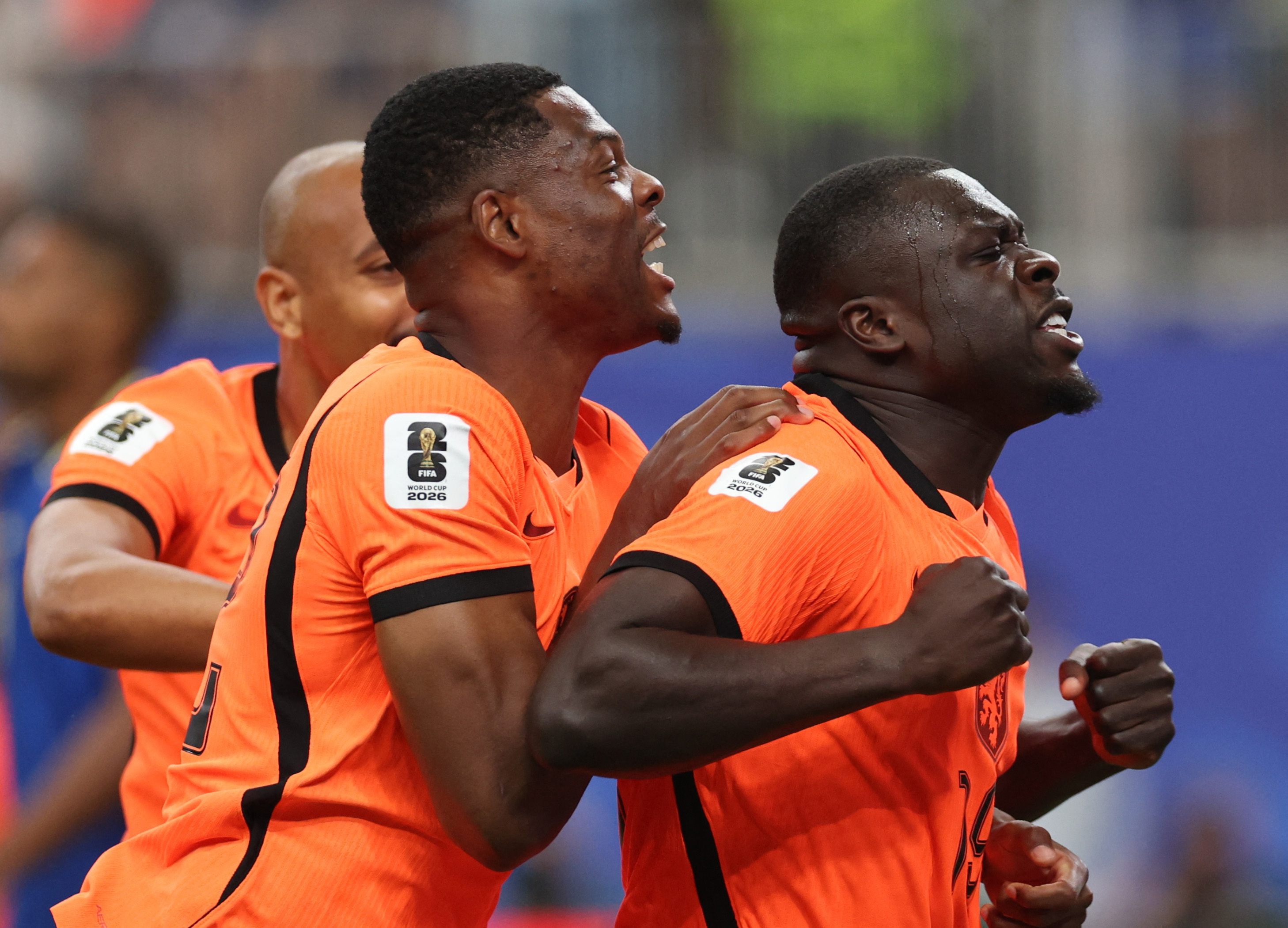 Soccer Football - FIFA World Cup 2026 - Group F - Netherlands v Sweden - Houston Stadium, Houston, Texas, U.S. - June 20, 2026 Netherlands' Brian Brobbey celebrates scoring their first goal with Denzel Dumfries REUTERS/Phil Noble