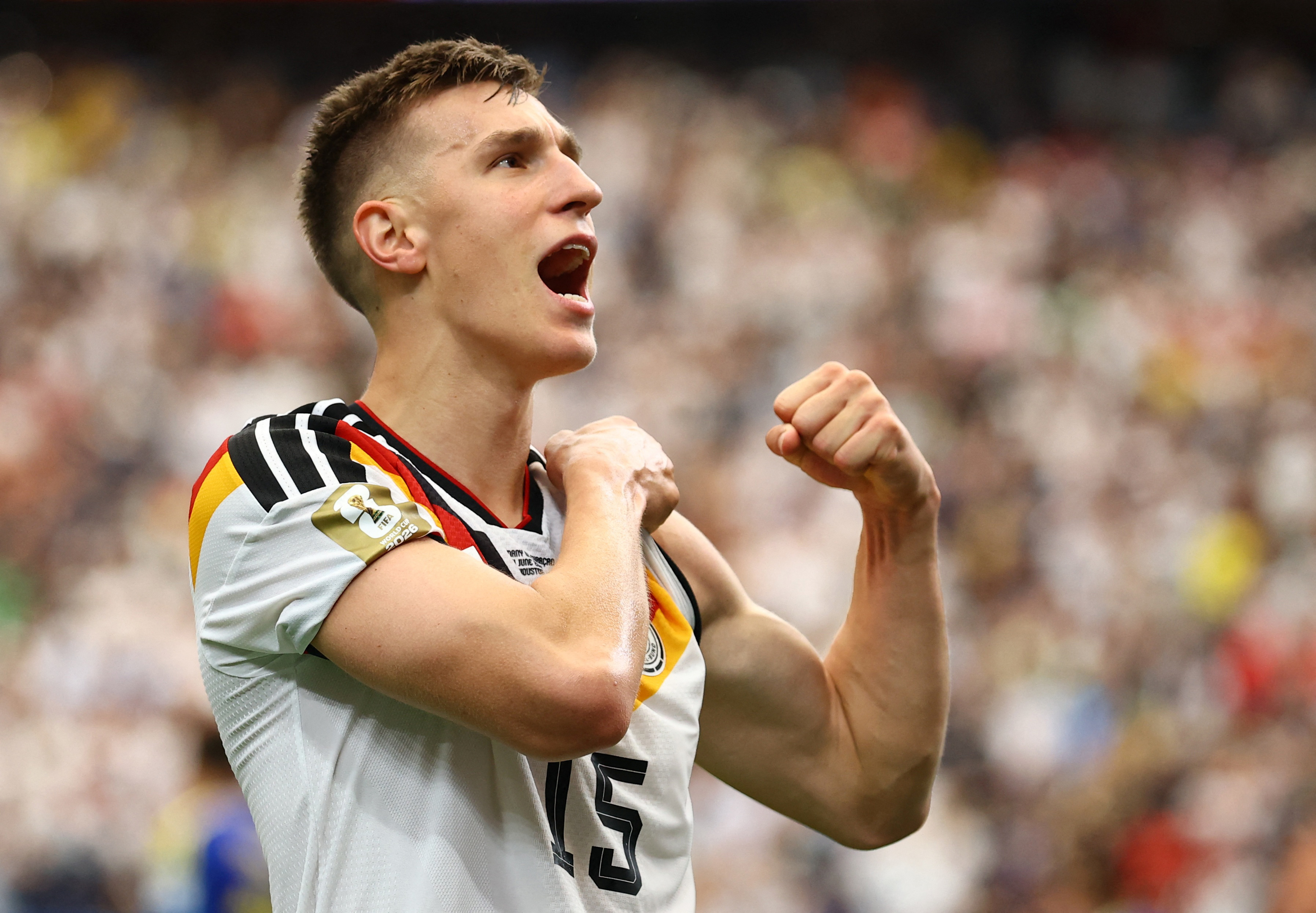 Soccer Football - FIFA World Cup 2026 - Group E - Germany v Curacao - Houston Stadium, Houston, Texas, U.S. - June 14, 2026 Germany's Nico Schlotterbeck celebrates scoring their second goal REUTERS/Phil Noble