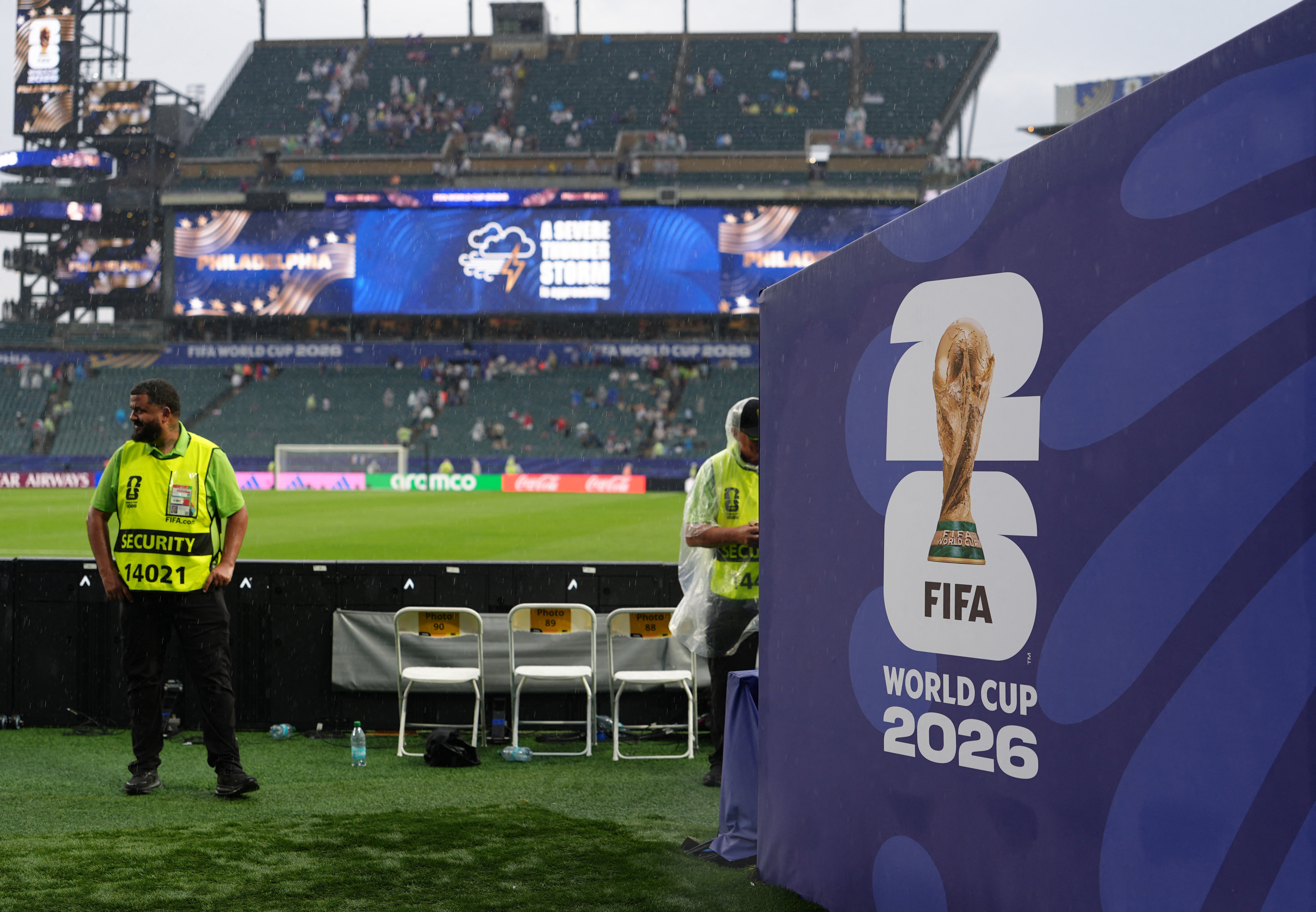 Soccer Football - FIFA World Cup 2026 - Group I - France v Iraq - Philadelphia Stadium, Philadelphia, Pennsylvania, U.S. - June 22, 2026 General view inside the stadium as a weather warning is displayed on the big screen at half time IMAGN IMAGES via Reut