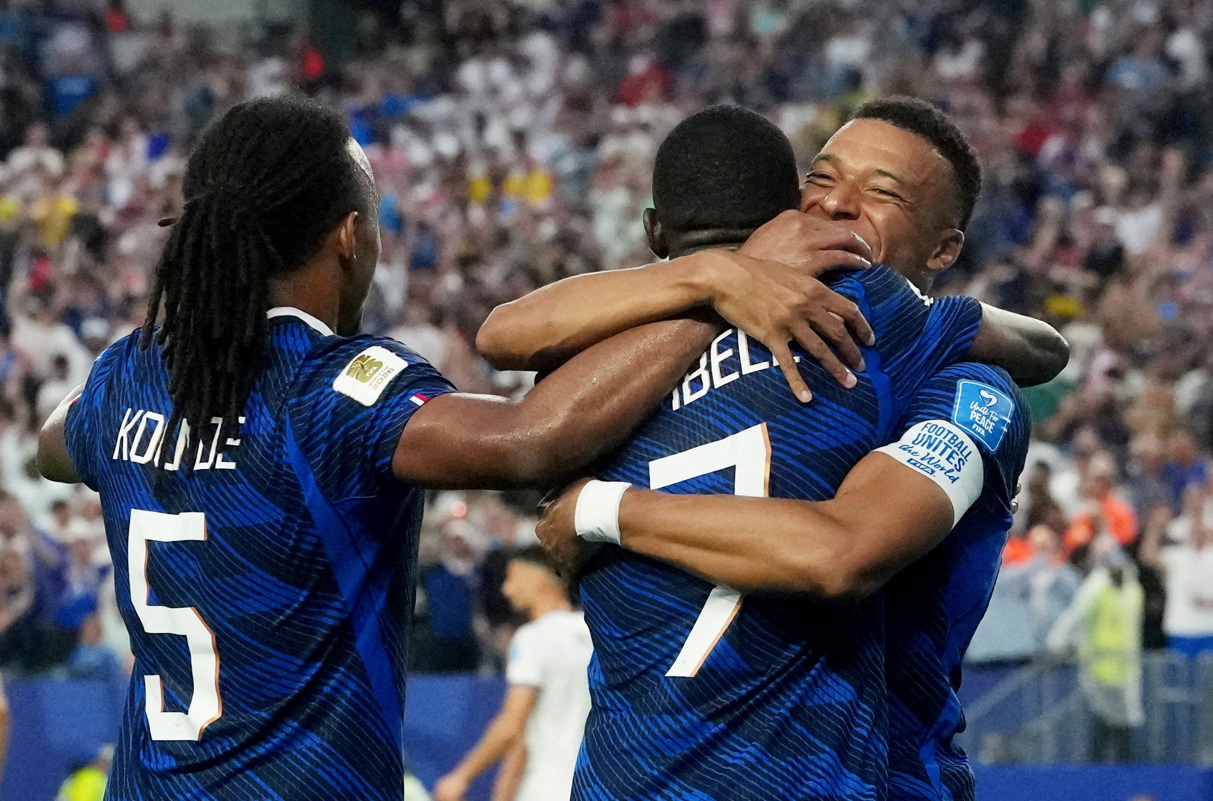 Soccer Football - FIFA World Cup 2026 - Group I - France v Iraq - Philadelphia Stadium, Philadelphia, Pennsylvania, U.S. - June 22, 2026 France's Ousmane Dembele celebrates scoring their third goal with Jules Kounde and Kylian Mbappe IMAGN IMAGES via Reut