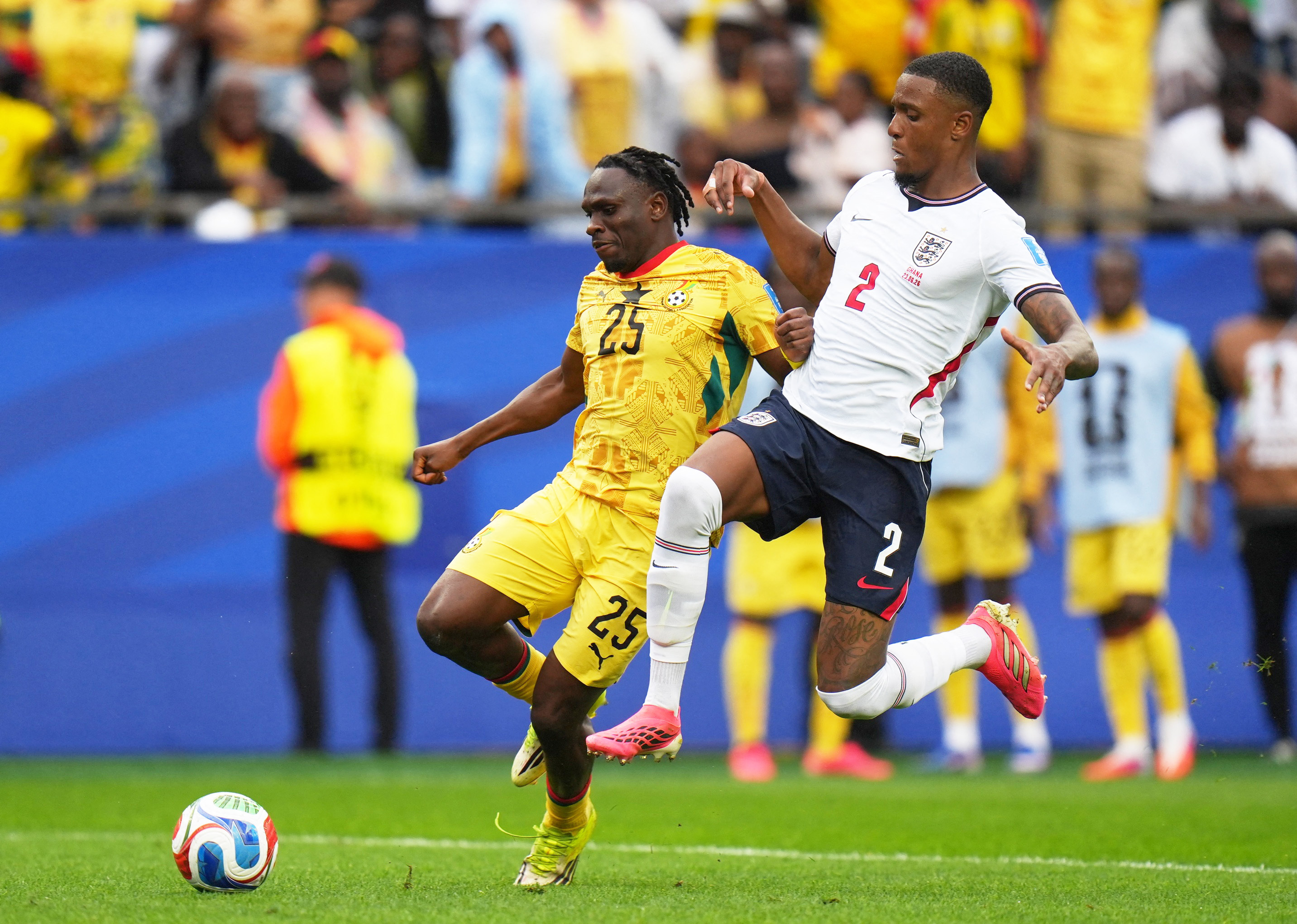 Soccer - FIFA World Cup 2026 - Group L - England v Ghana - Boston Stadium, Foxborough, Massachusetts, U.S. - June 23, 2026 Ghana's Prince Kwabena Adu in action with England's Ezri Konsa IMAGN IMAGES via Reuters/David Butler Ii