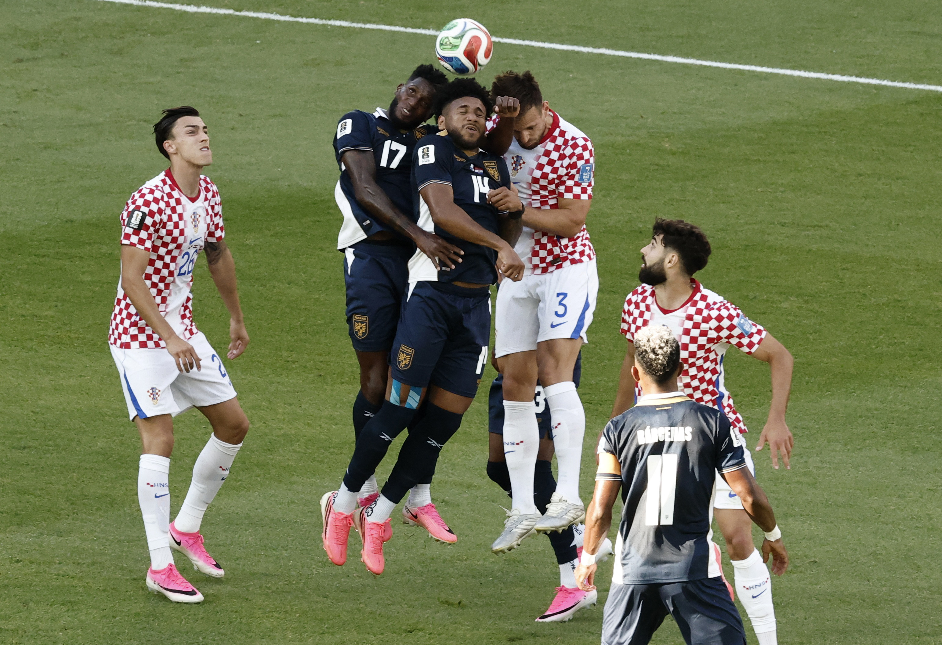 Soccer Football - FIFA World Cup 2026 - Group L - Panama v Croatia - Toronto Stadium, Toronto, Canada - June 23, 2026 Panama's Carlos Harvey and Jose Fajardo in action with Croatia's Marin Pongracic REUTERS/Thomas Mukoya