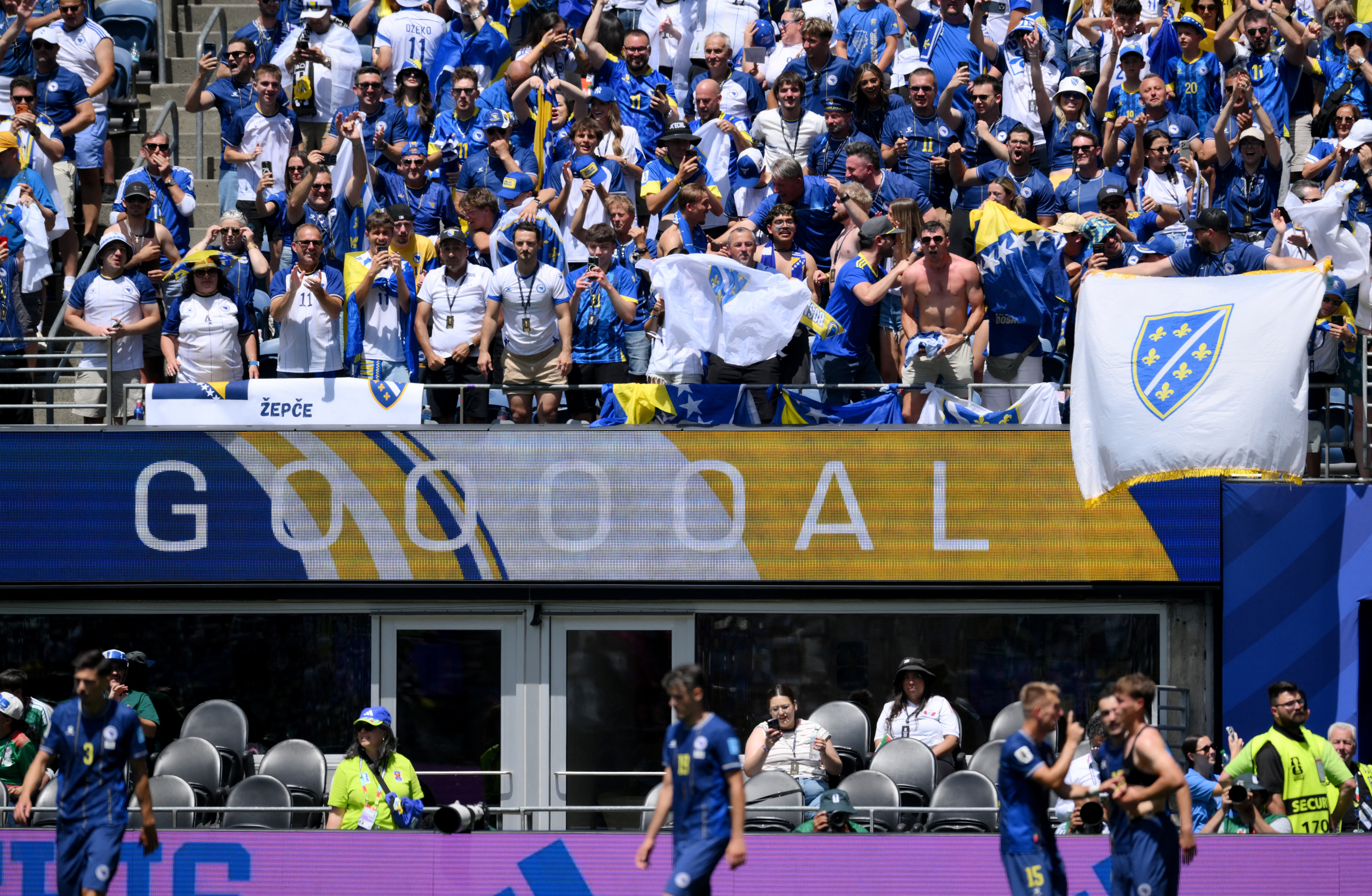 Soccer Football - FIFA World Cup 2026 - Group B - Bosnia and Herzegovina v Qatar - Seattle Stadium, Seattle, Washington, U.S. - June 24, 2026 Bosnia and Herzegovina fans celebrate their third goal scored by Ermin Mahmic IMAGN IMAGES via Reuters/Steven Bis