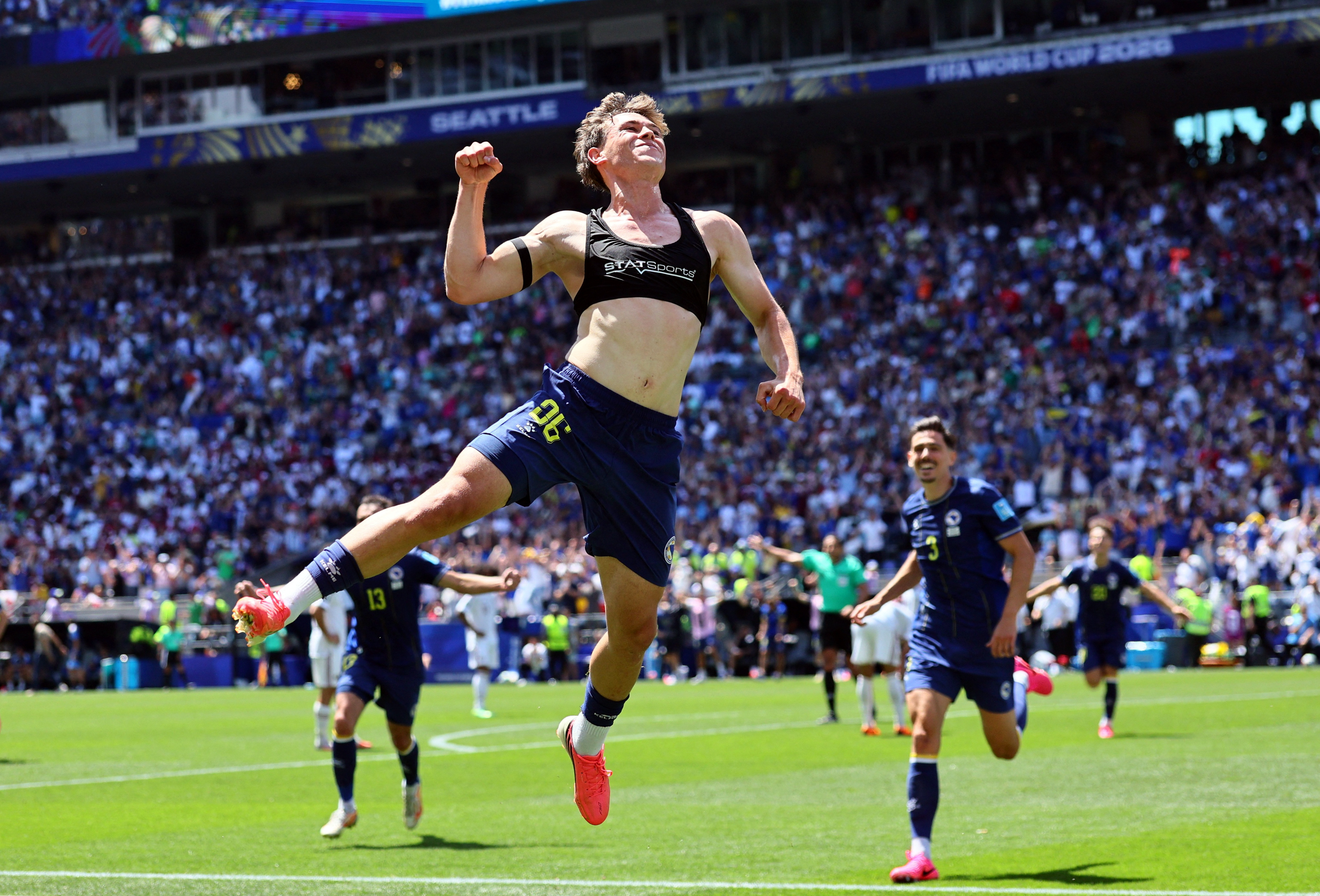 Soccer Football - FIFA World Cup 2026 - Group B - Bosnia and Herzegovina v Qatar - Seattle Stadium, Seattle, Washington, U.S. - June 24, 2026 Bosnia and Herzegovina's Ermin Mahmic celebrates scoring their third goal IMAGN IMAGES via Reuters/Blake Dahlin