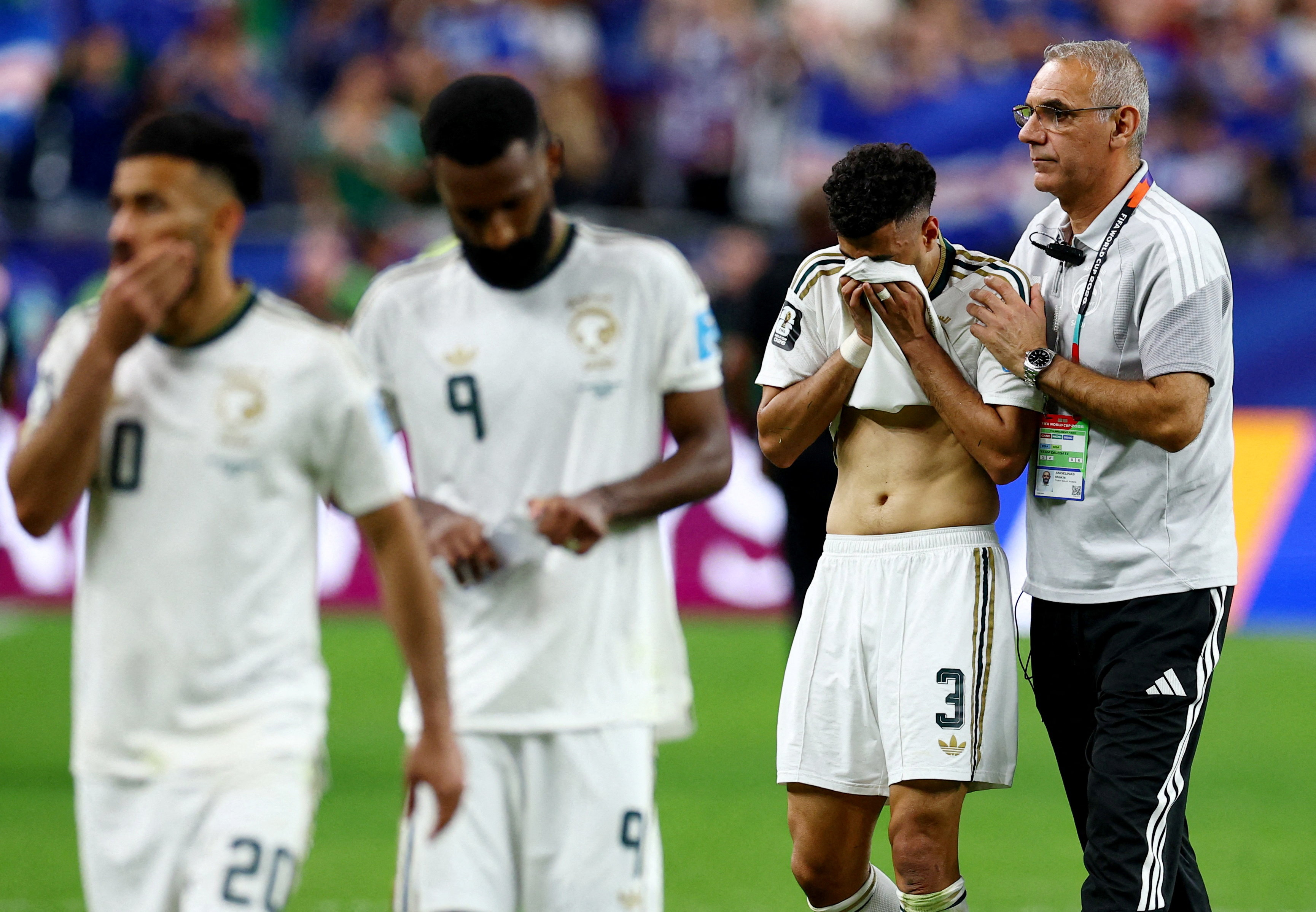 Soccer Football - FIFA World Cup 2026 - Group H - Cape Verde v Saudi Arabia - Houston Stadium, Houston, Texas, U.S. - June 26, 2026 Saudi Arabia's Ali Lajami looks dejected after the match as Saudi Arabia are eliminated from the World Cup REUTERS/Phil Nob