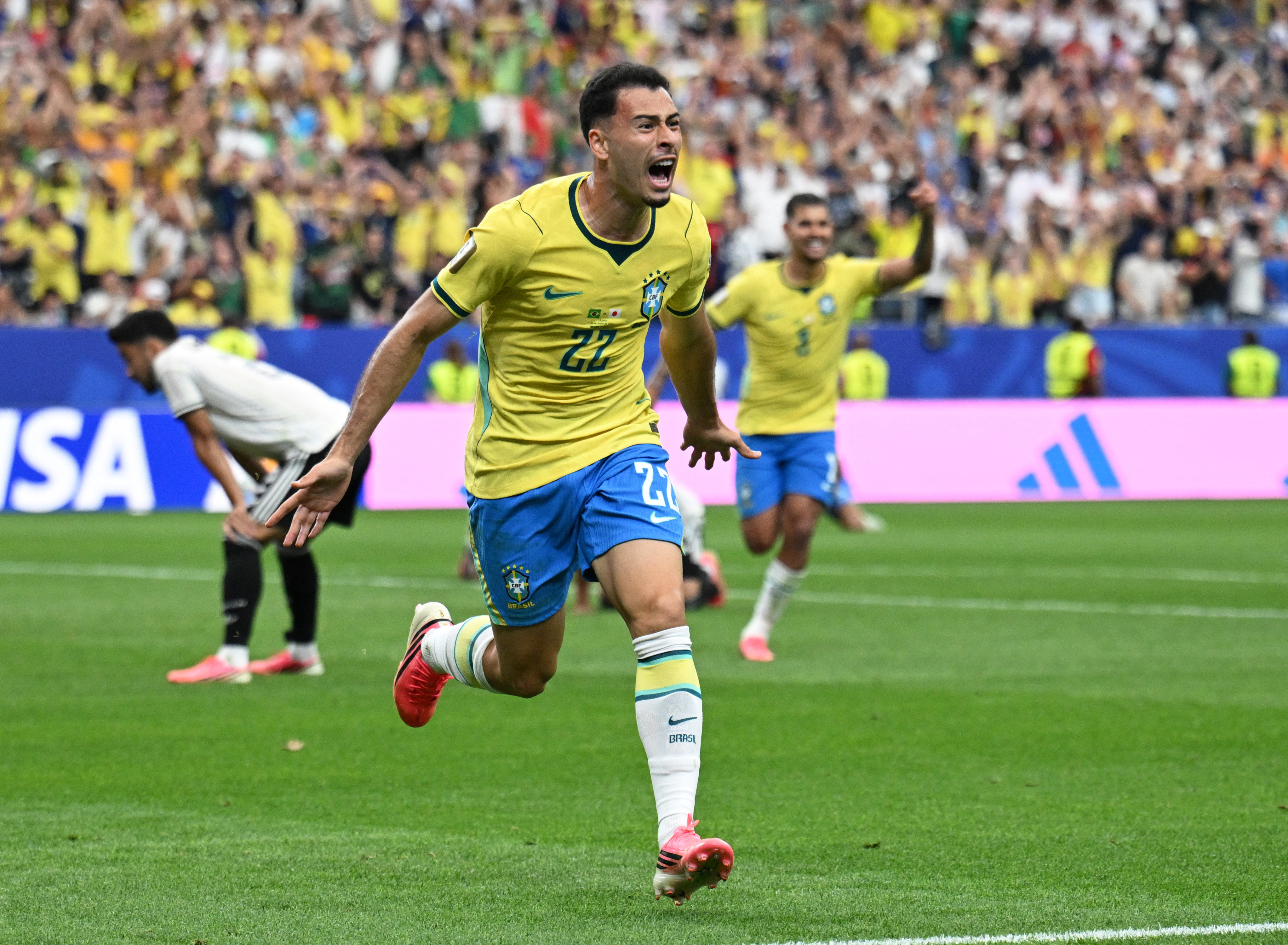 Soccer Football - FIFA World Cup 2026 - Round of 32 - Brazil v Japan - Houston Stadium, Houston, Texas, U.S. - June 29, 2026 Brazil's Gabriel Martinelli celebrates scoring their second goal REUTERS/Annegret Hilse