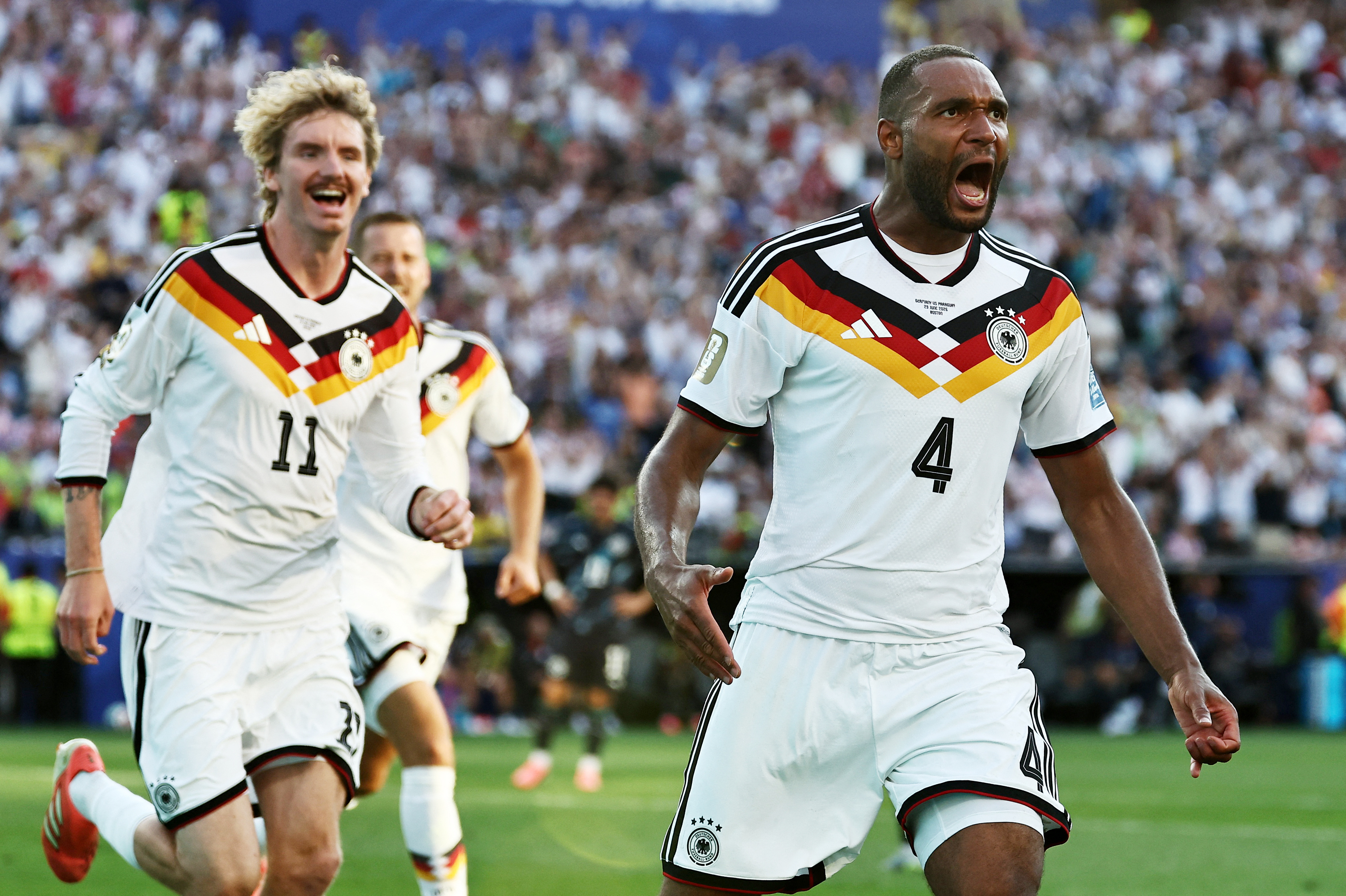 Soccer Football - FIFA World Cup 2026 - Round of 32 - Germany v Paraguay - Boston Stadium, Foxborough, Massachusetts, U.S. - June 29, 2026  Germany's Jonathan Tah celebrates with Germany's Nick Woltemade after scoring a goal that is later disallowed IMAGN