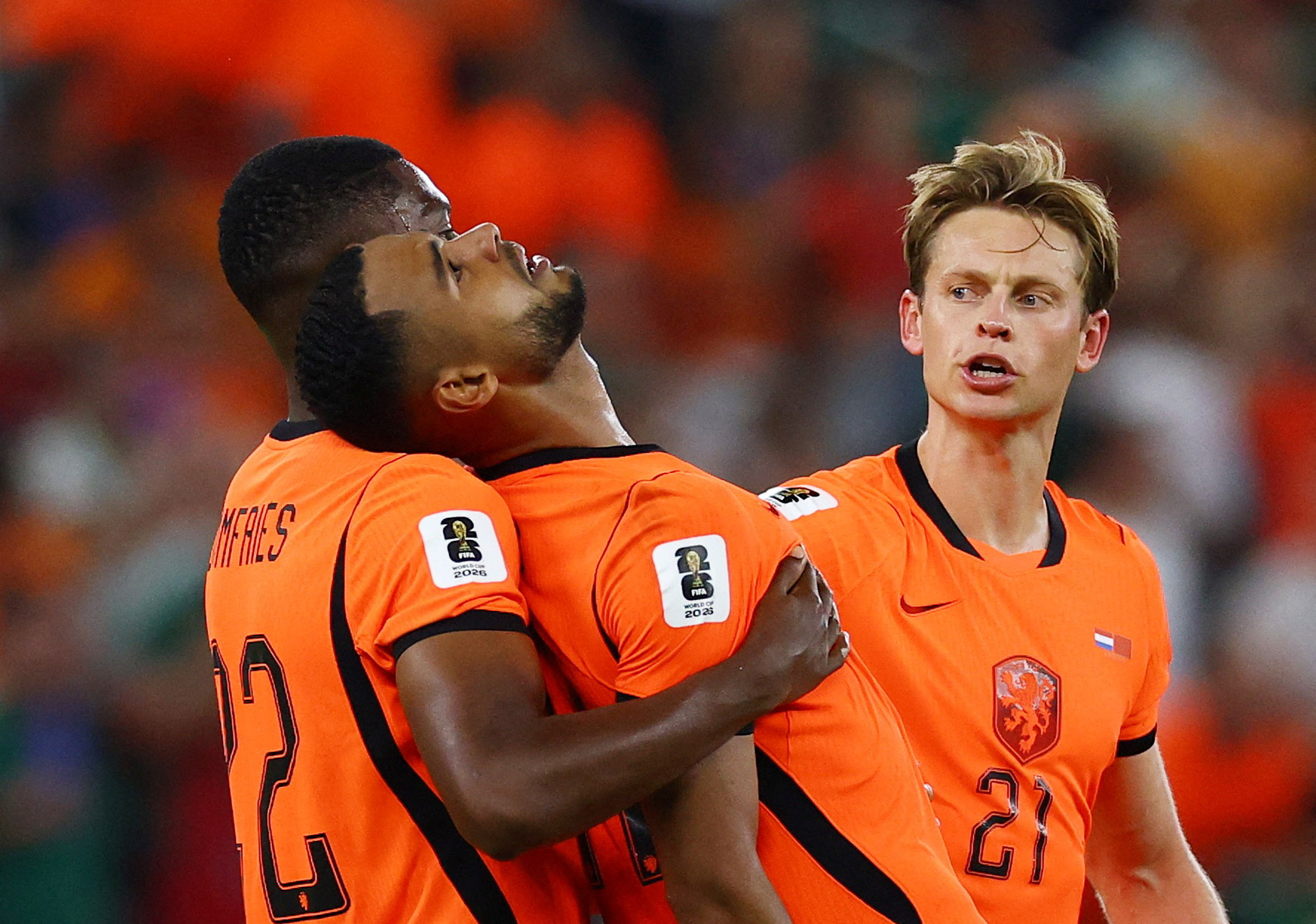 Soccer Football - FIFA World Cup 2026 - Round of 32 - Netherlands v Morocco - Estadio Monterrey, Monterrey, Mexico - June 29, 2026 Netherlands' Cody Gakpo celebrates scoring their first goal with Denzel Dumfries and Frenkie de Jong REUTERS/Daniel Becerril