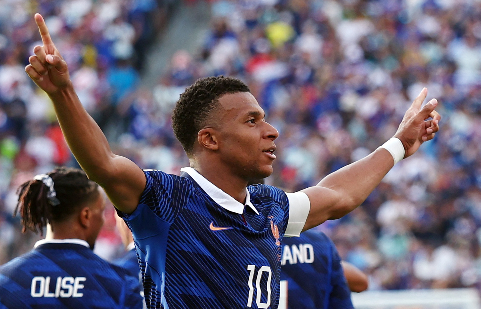 Soccer Football - FIFA World Cup 2026 - Round of 32 - France v Sweden - New York New Jersey Stadium, East Rutherford, New Jersey, U.S. - June 30, 2026 France's Kylian Mbappe celebrates scoring their third goal IMAGN IMAGES via Reuters/Vincent Carchietta