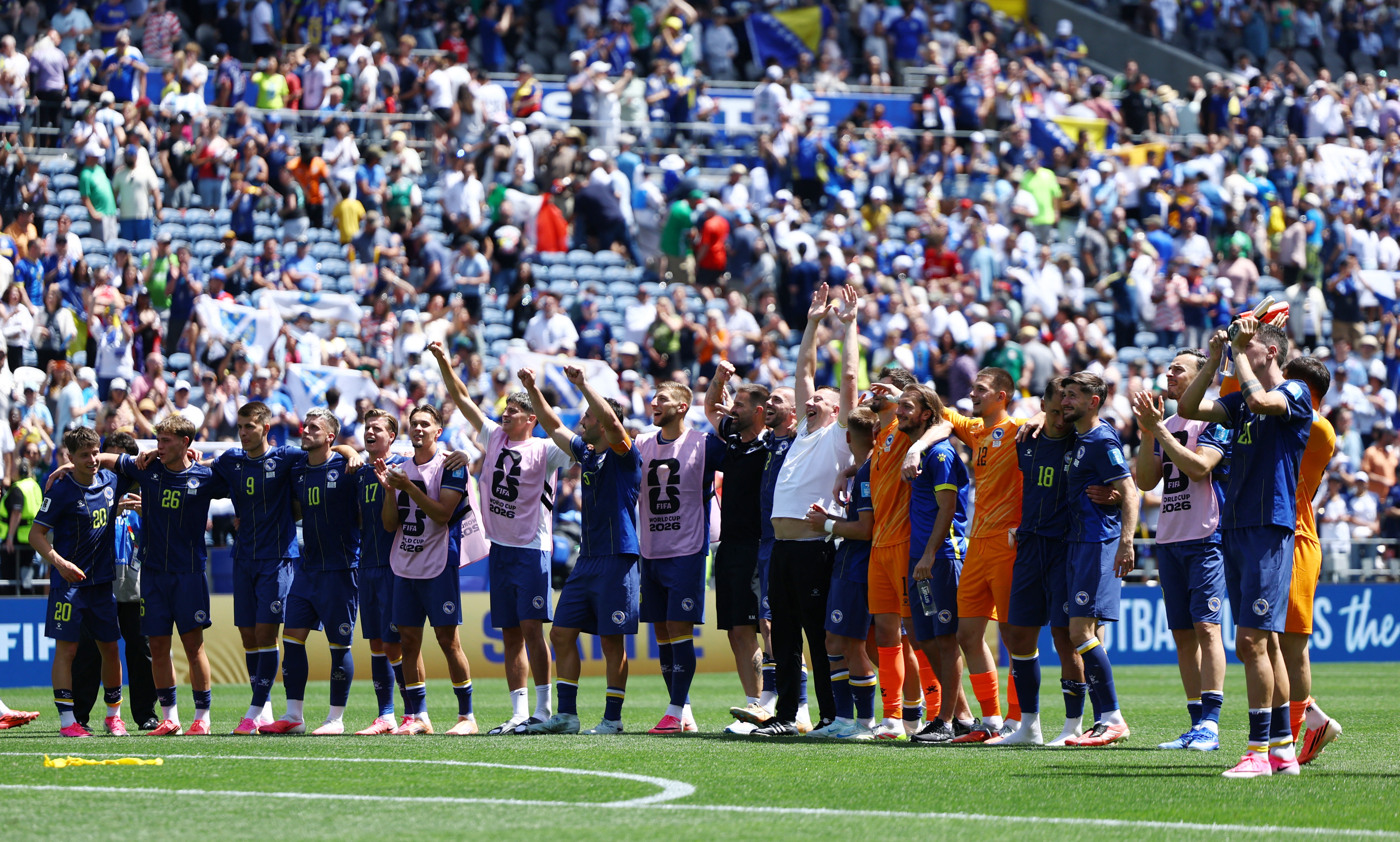 Soccer Football - FIFA World Cup 2026 - Group B - Bosnia and Herzegovina v Qatar - Seattle Stadium, Seattle, Washington, U.S. - June 24, 2026 Bosnia and Herzegovina players celebrate after the match REUTERS/Luisa Gonzalez