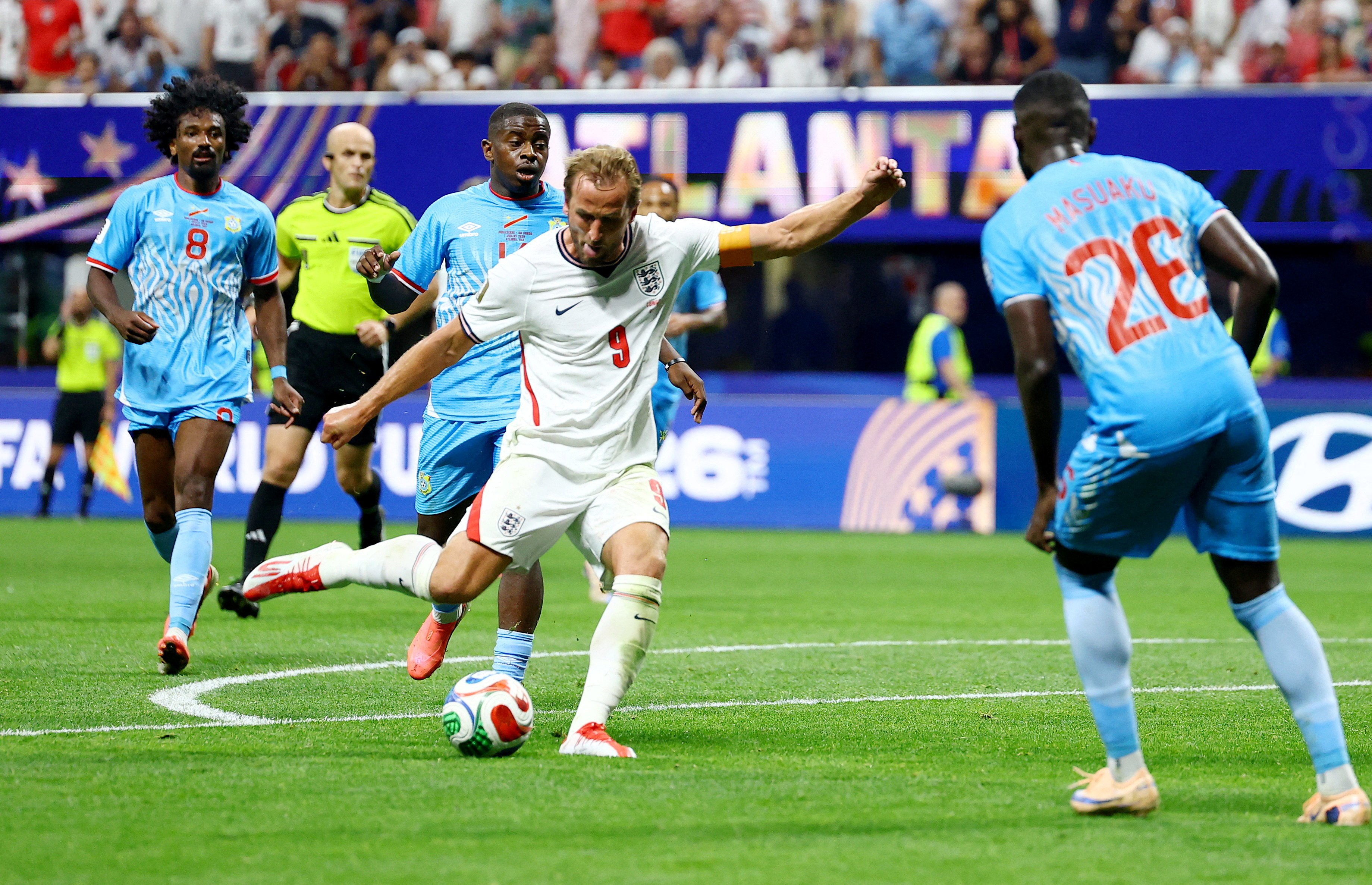 Soccer Football - FIFA World Cup 2026 - Round of 32 - England v DR Congo - Atlanta Stadium, Atlanta, Georgia, U.S. - July 1, 2026 England's Harry Kane scores their second goal REUTERS/Claudia Greco     TPX IMAGES OF THE DAY