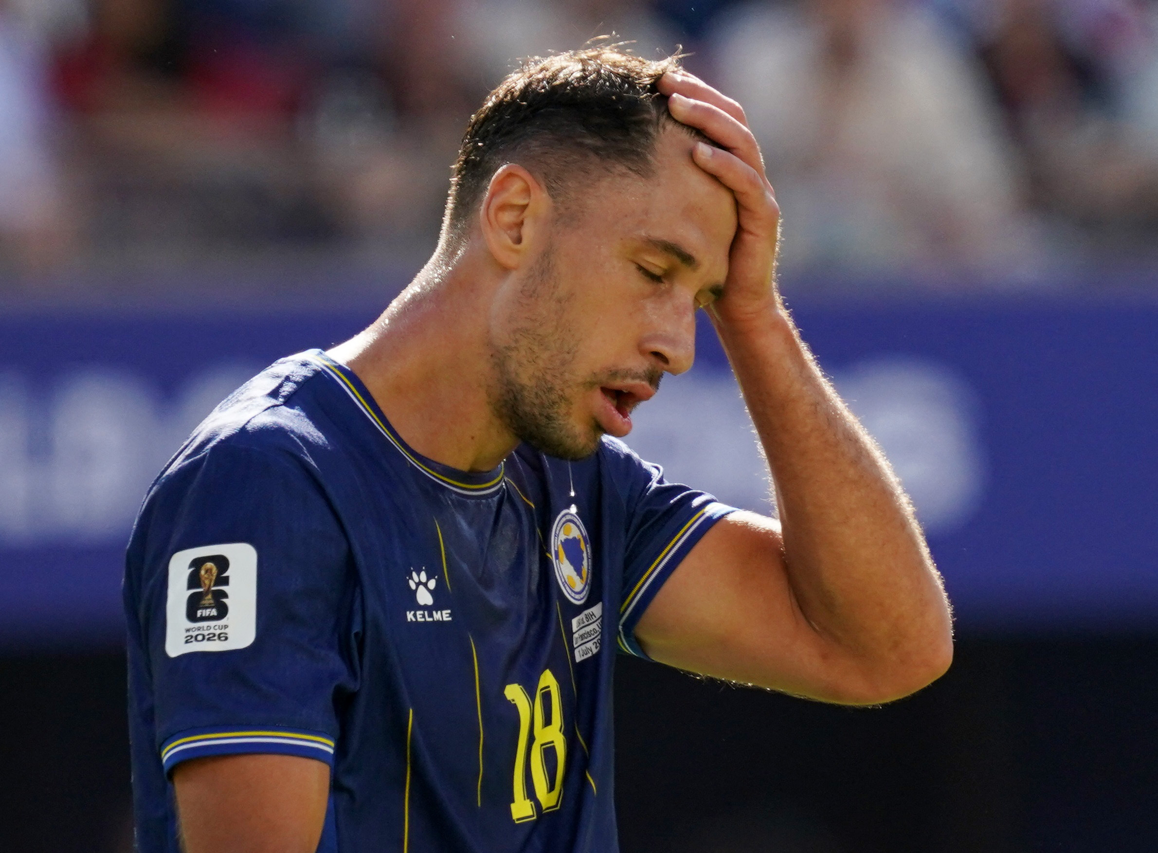 Soccer Football - FIFA World Cup 2026 - Round of 32 - United States v Bosnia and Herzegovina - San Francisco Bay Area Stadium, Santa Clara, California, U.S. - July 1, 2026 Bosnia and Herzegovina's Nikola Katic reacts IMAGN IMAGES via Reuters/David Gonzale