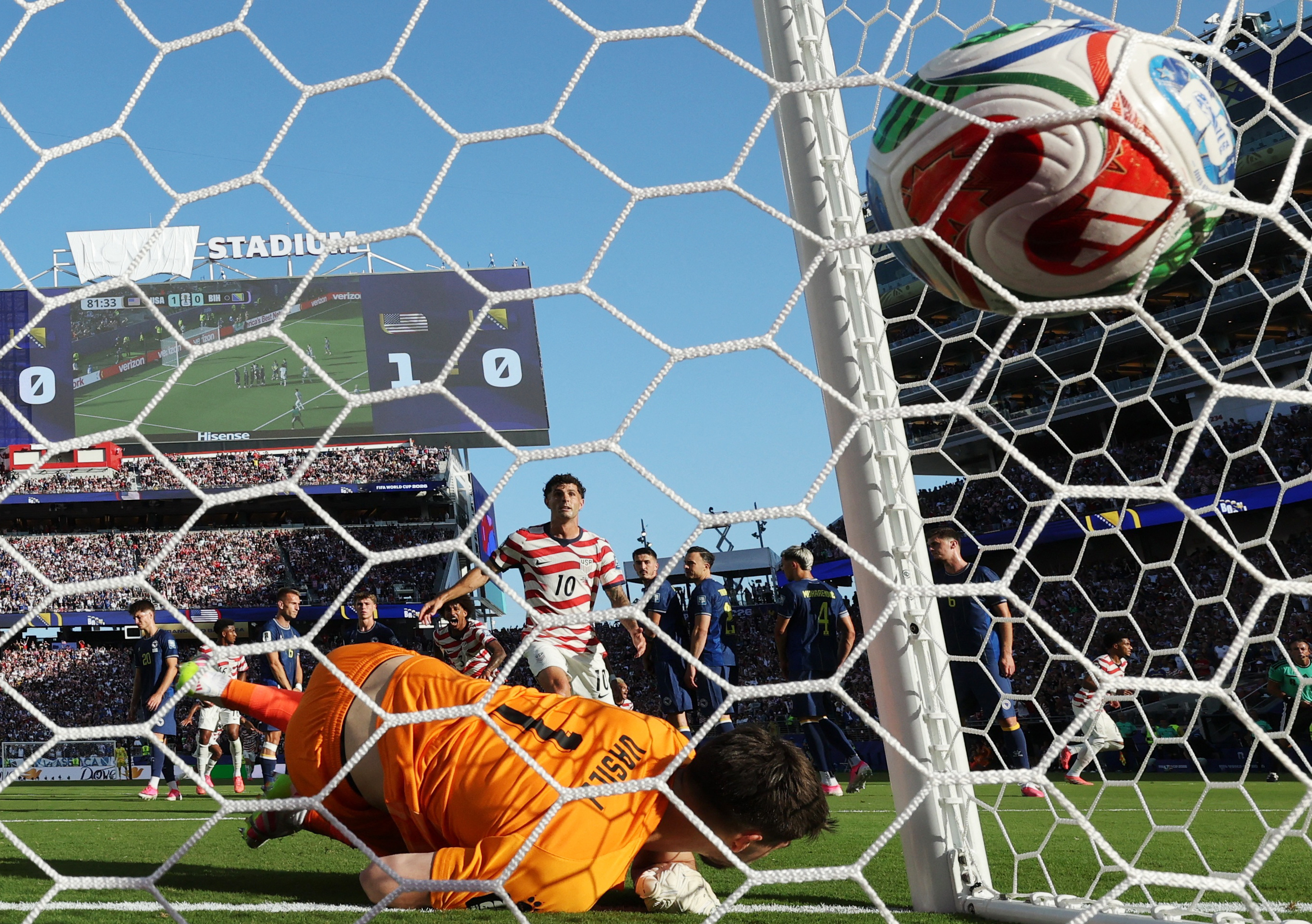 Soccer Football - FIFA World Cup 2026 - Round of 32 - United States v Bosnia and Herzegovina - San Francisco Bay Area Stadium, Santa Clara, California, U.S. - July 1, 2026 Malik Tillman of the U.S. scores their second goal past Bosnia and Herzegovina's Ni