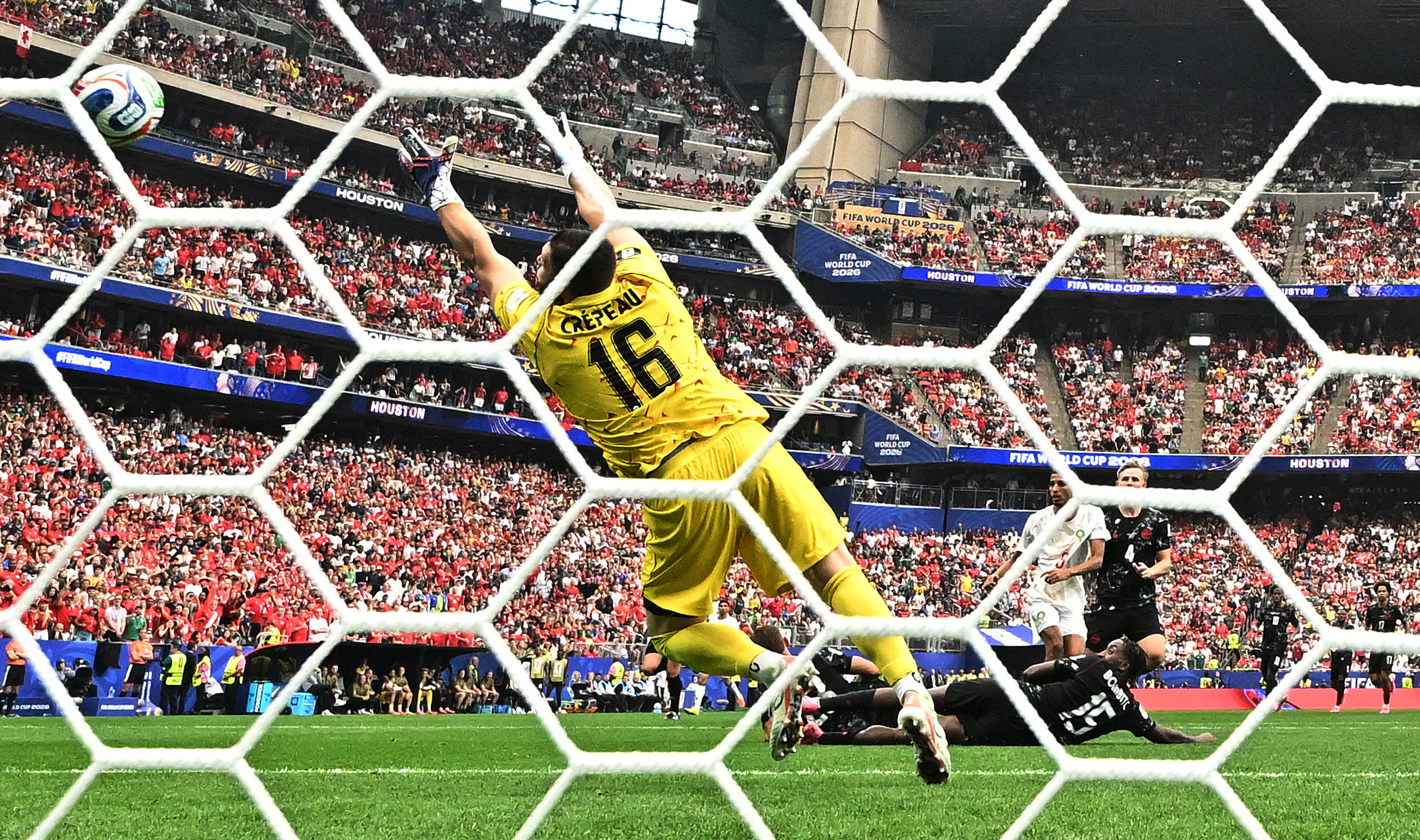 Soccer Football - FIFA World Cup 2026 - Round of 16 - Canada v Morocco - Houston Stadium, Houston, Texas, U.S. - July 4, 2026 Morocco's Azzedine Ounahi scores their second goal past Canada's Maxime Crepeau IMAGN IMAGES via Reuters/Maria Lysaker