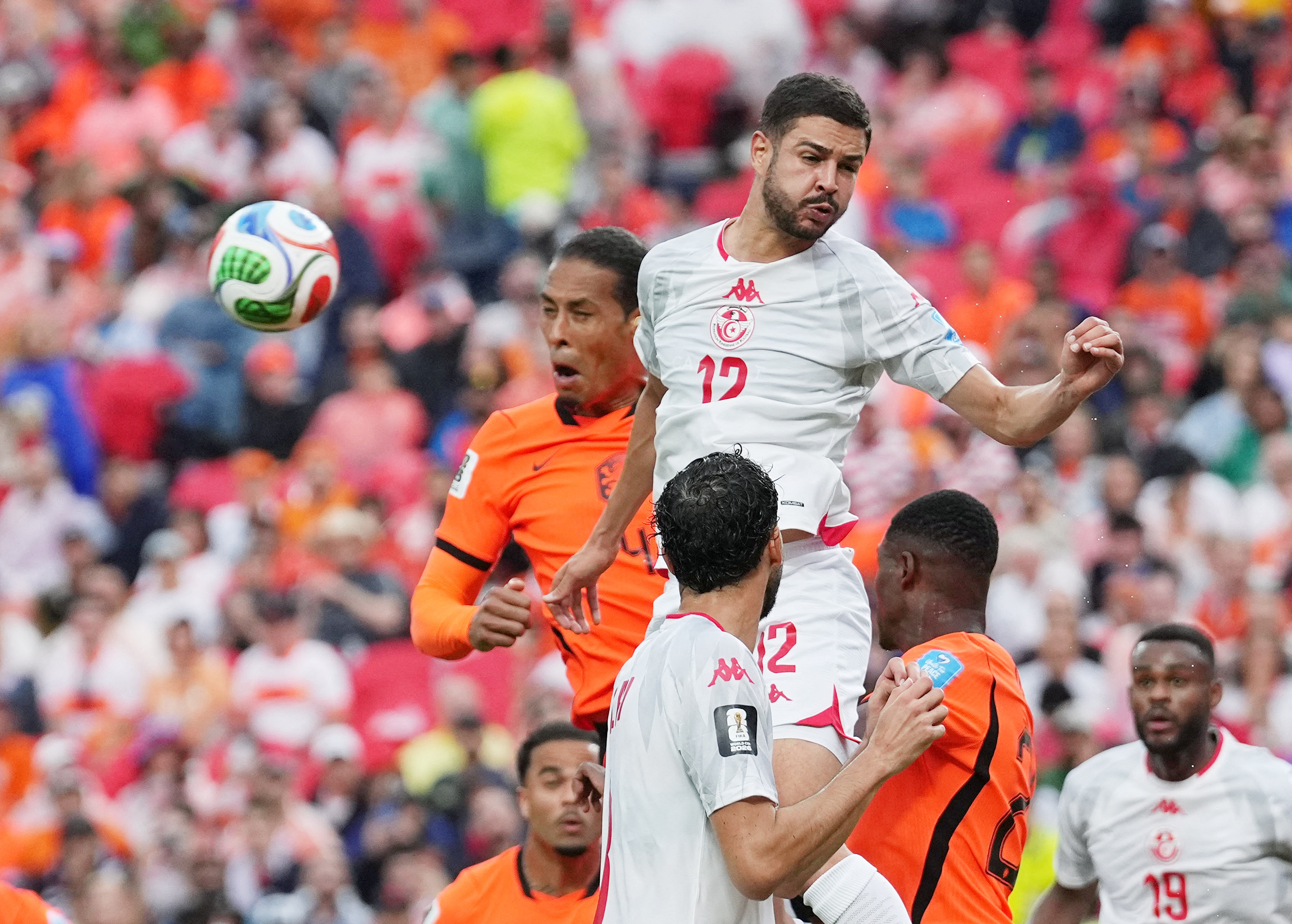 Soccer Football - FIFA World Cup 2026 - Group F - Tunisia v Netherlands - Kansas City Stadium, Kansas City, Missouri, U.S. - June 25, 2026 Tunisia's Mortadha Ben Ouanes in action with Netherlands' Virgil van Dijk IMAGN IMAGES via Reuters/Denny Medley