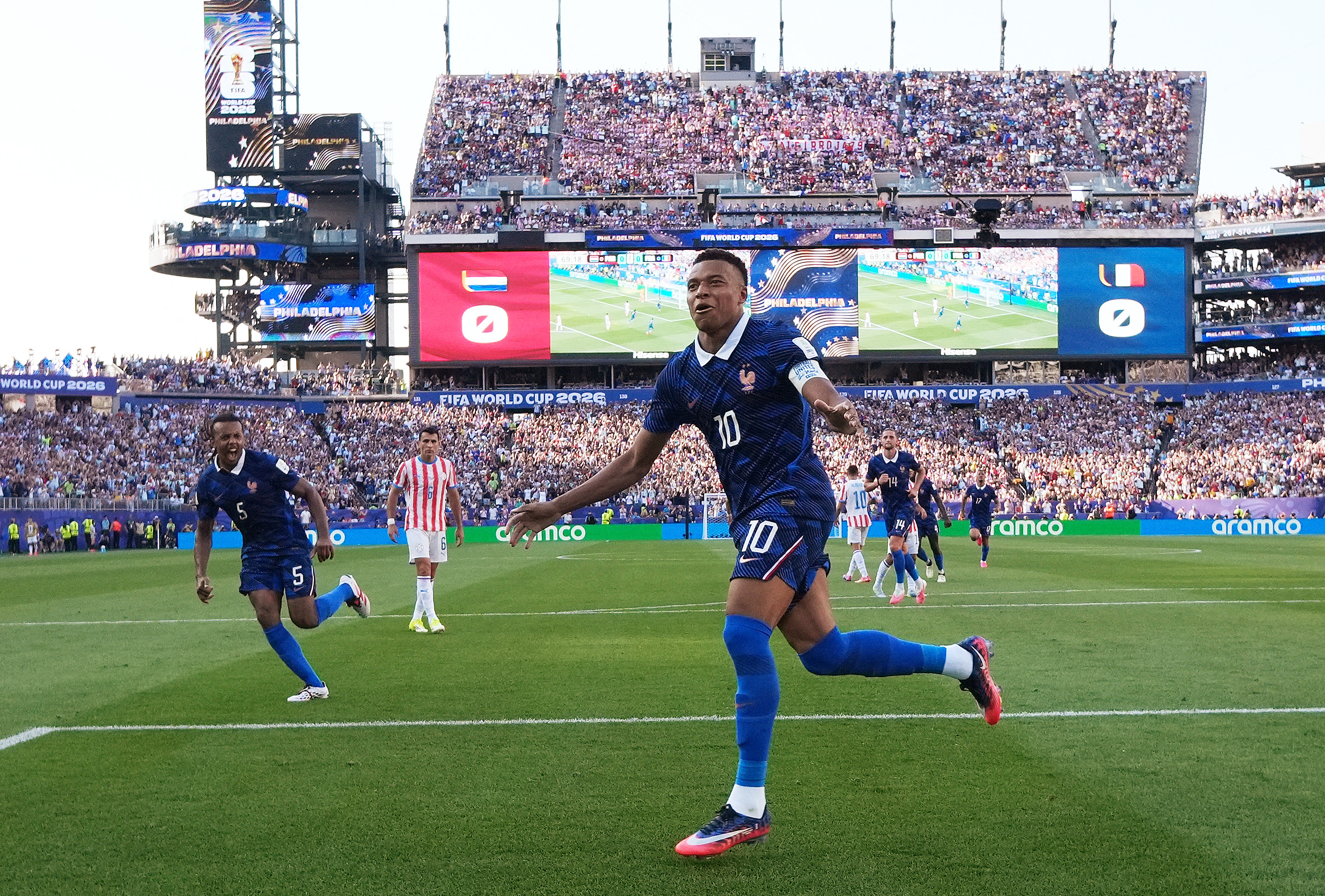 Soccer Football - FIFA World Cup 2026 - Round of 16 - Paraguay v France - Philadelphia Stadium, Philadelphia, Pennsylvania, U.S. - July 4, 2026 France's Kylian Mbappe celebrates scoring their first goal REUTERS/Omar Aziz