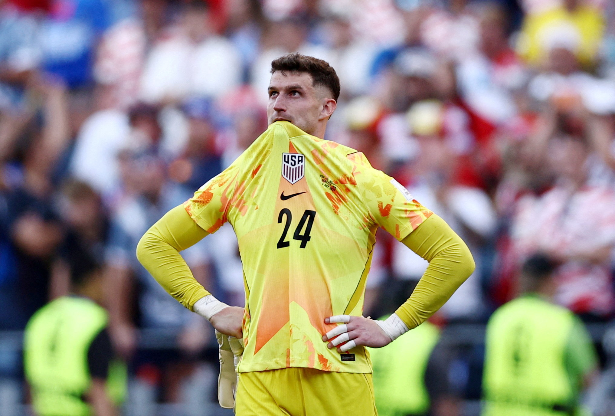 Soccer Football - FIFA World Cup 2026 - Round of 16 - United States v Belgium - Seattle Stadium, Seattle, Washington, U.S. - July 6, 2026 Matt Freese of the U.S. looks dejected after the match as U.S. are eliminated from the World Cup REUTERS/Lee Smith