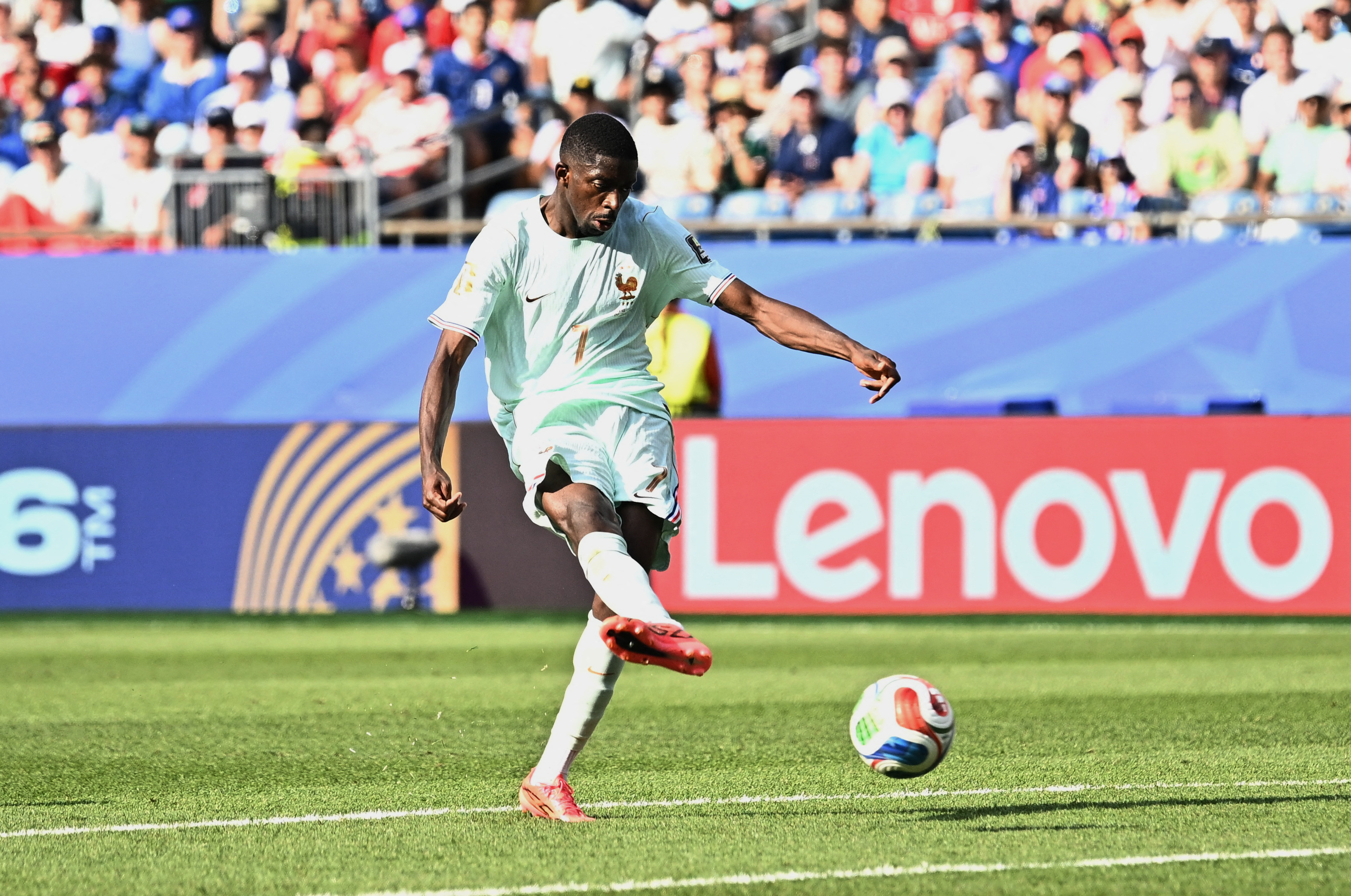 Soccer Football - FIFA World Cup 2026 - Quarter Final - France v Morocco - Boston Stadium, Foxborough, Massachusetts, U.S. - July 9, 2026 France's Ousmane Dembele scores their second goal REUTERS/Dylan Martinez