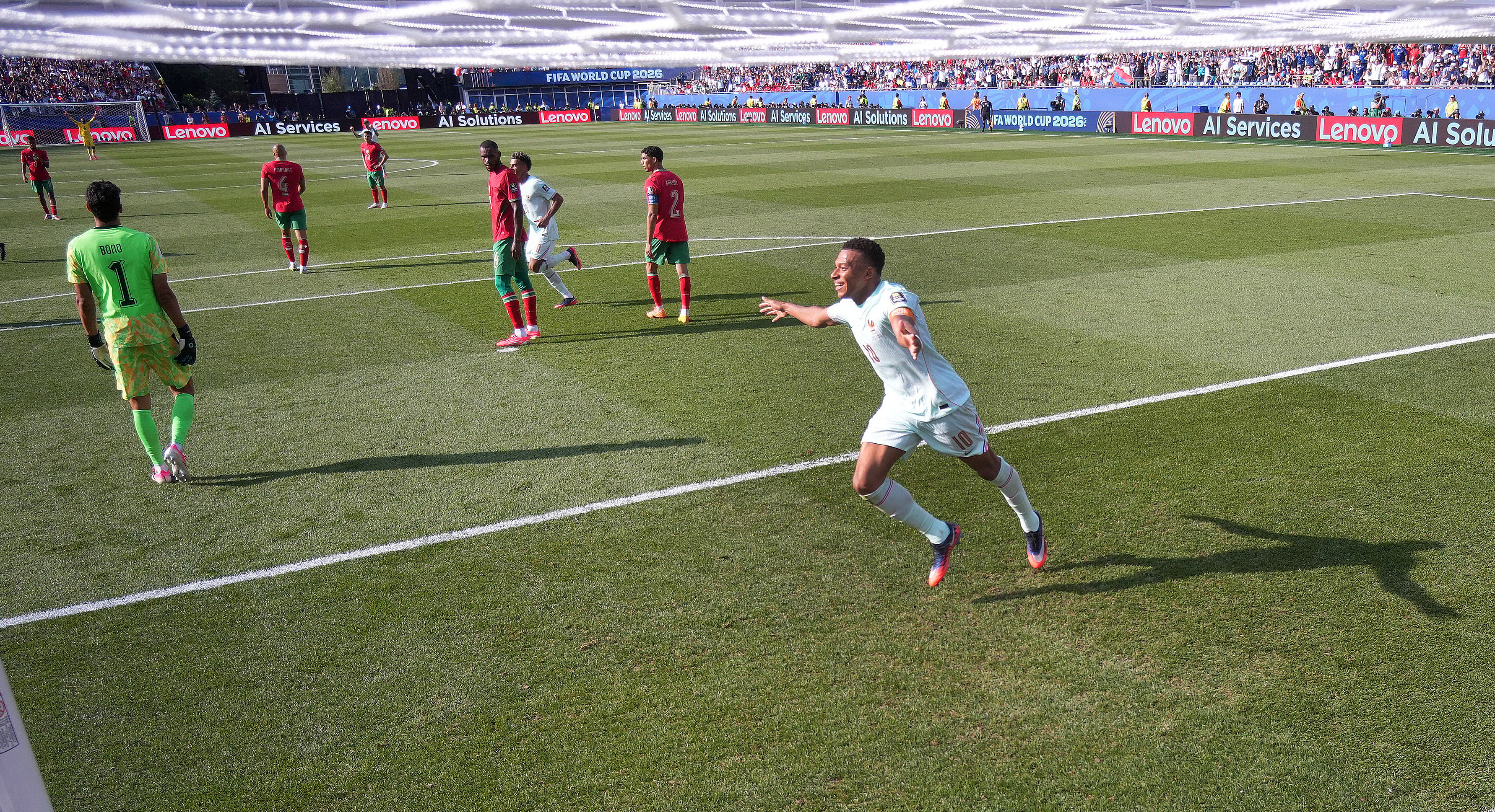 Soccer Football - FIFA World Cup 2026 - Quarter Final - France v Morocco - Boston Stadium, Foxborough, Massachusetts, U.S. - July 9, 2026 France's Kylian Mbappe celebrates their second goal, scored by Ousmane Dembele REUTERS/Omar Aziz