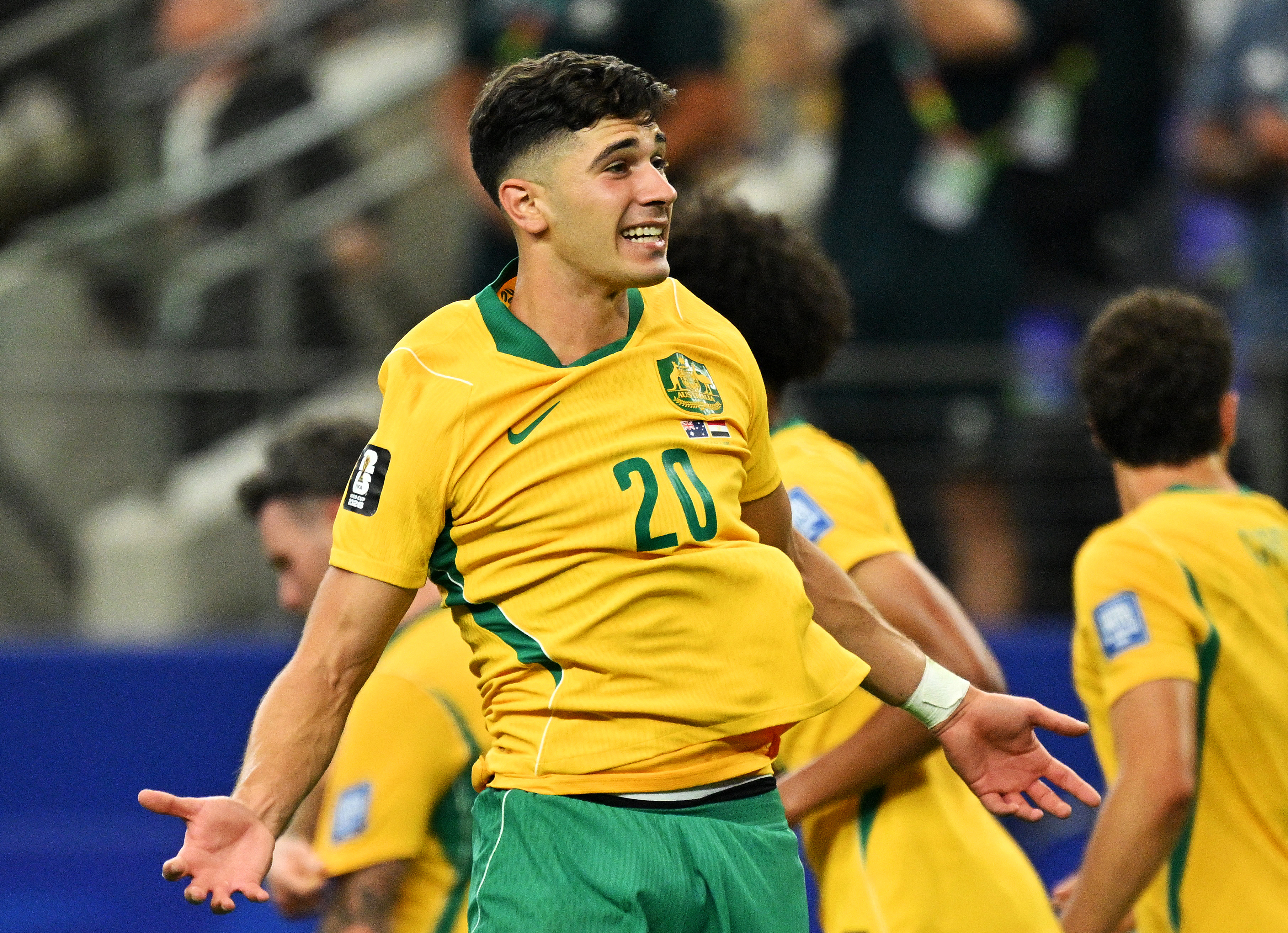 Soccer Football - FIFA World Cup 2026 - Round of 32 - Australia v Egypt - Dallas Stadium, Arlington, Texas, U.S. - July 3, 2026 Australia's Cristian Volpato celebrates with team mates after Egypt's Mohamed Hany scored an own goal and Australia's first IMA