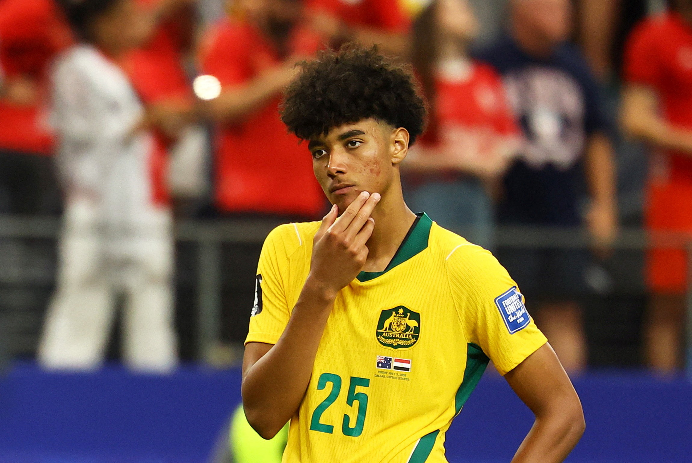 Soccer Football - FIFA World Cup 2026 - Round of 32 - Australia v Egypt - Dallas Stadium, Arlington, Texas, U.S. - July 3, 2026 Australia's Lucas Herrington looks dejected after the match as Australia are eliminated from the World Cup REUTERS/Kai Pfaffenb