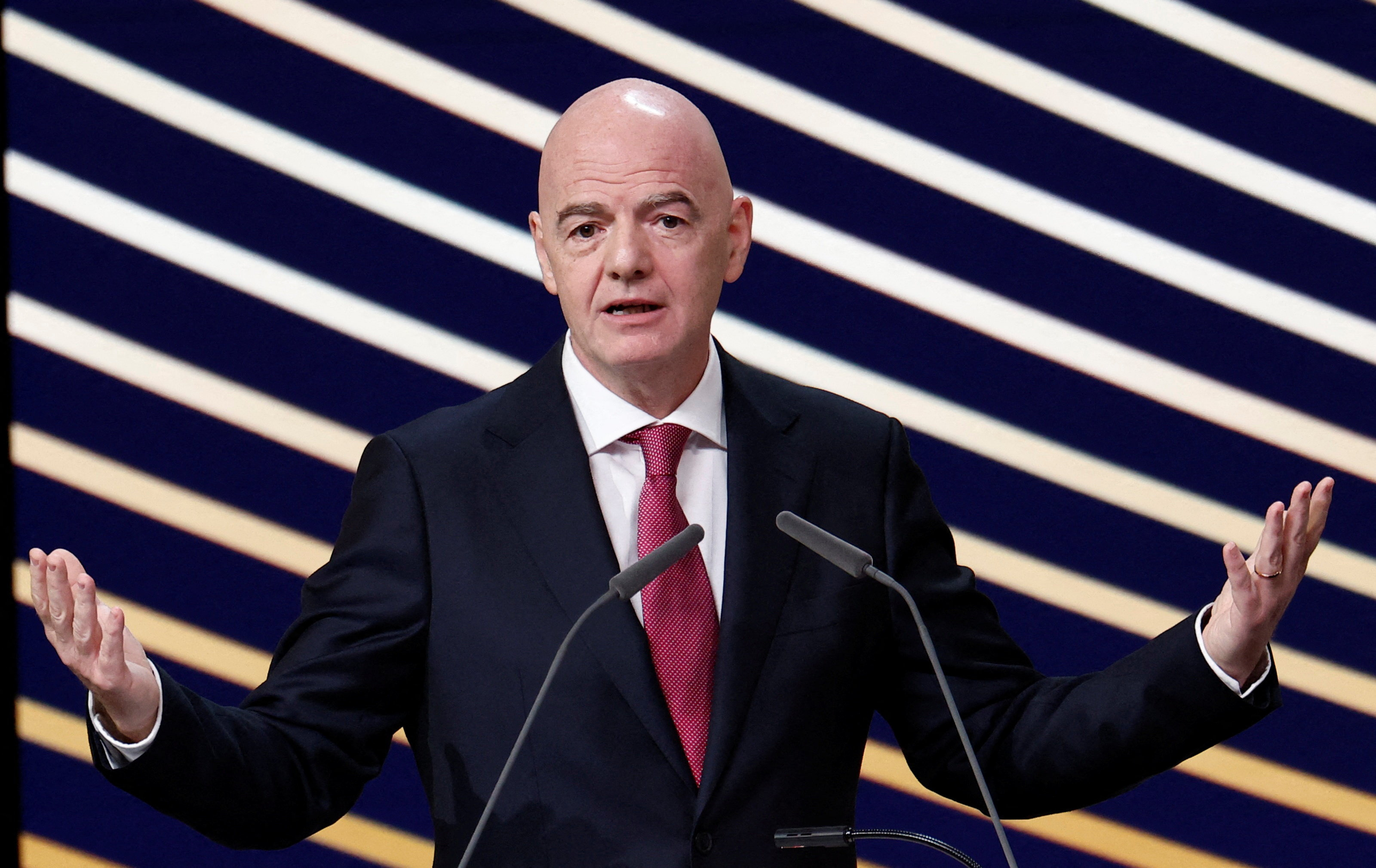 FILE PHOTO: Soccer Football - 50th Ordinary UEFA Congress - Brussels Expo, Brussels, Belgium - February 12, 2026 FIFA president Gianni Infantino speaks during the event REUTERS/Benoit Tessier/File Photo