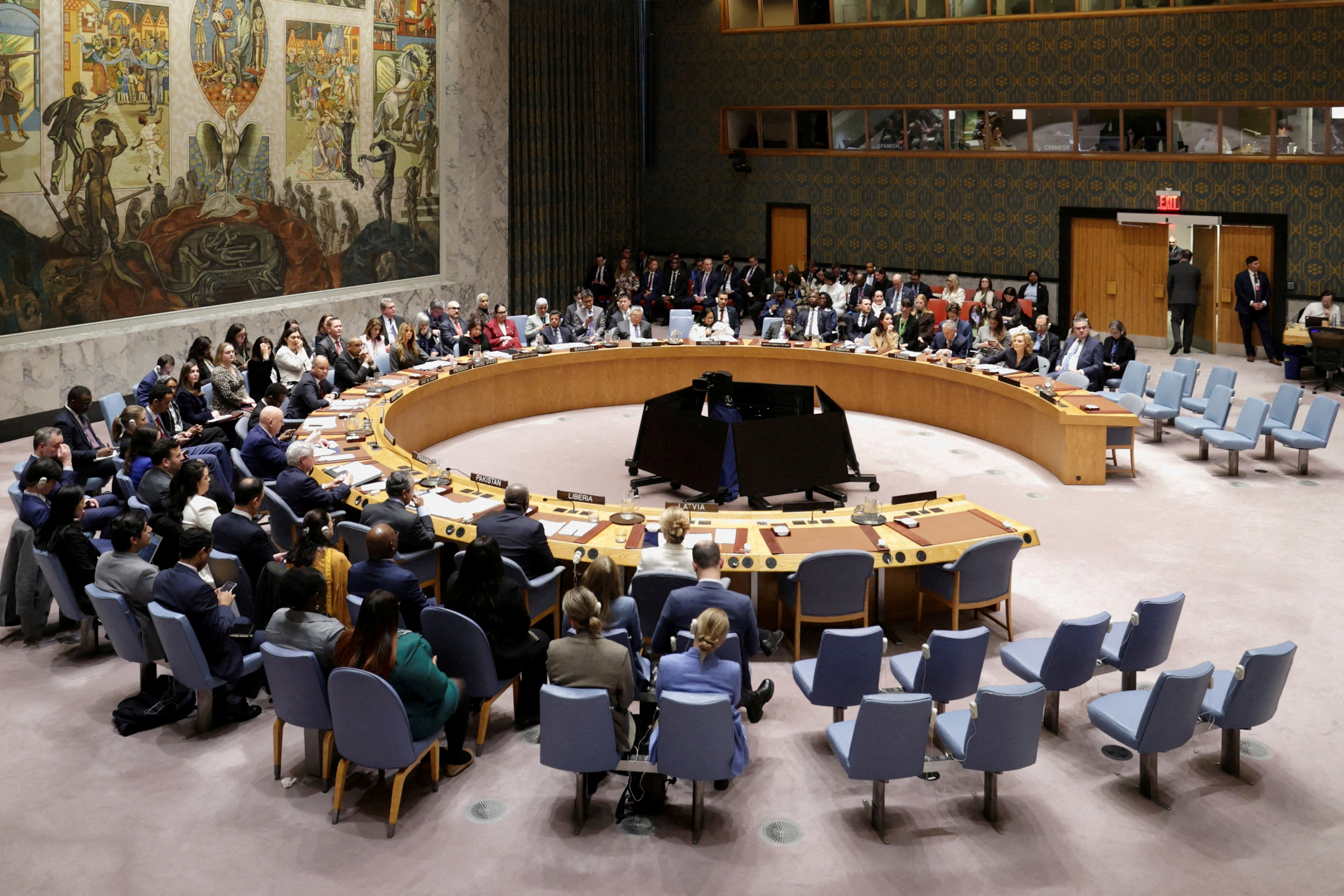 FILE PHOTO: U.S. first lady Melania Trump presides over a United Nations Security Council meeting, at U.N. headquarters in New York City, U.S., March 2, 2026. REUTERS/Jeenah Moon     T/File Photo