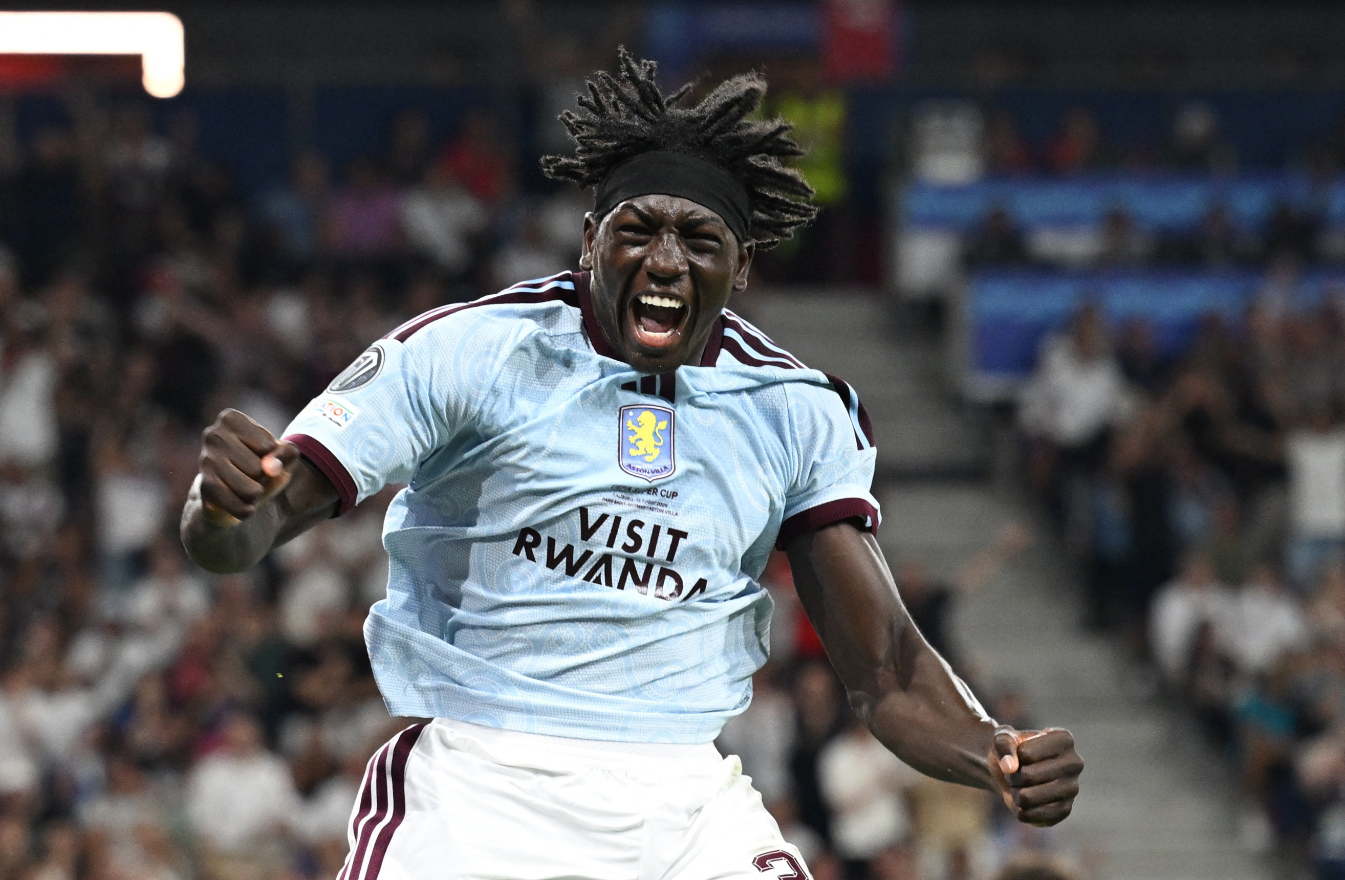 Soccer Football - UEFA Super Cup - Paris St Germain v Aston Villa - Stadion Salzburg, Salzburg, Austria - August 12, 2026 Aston Villa's Brian Madjo celebrates scoring their first goal REUTERS/Angelika Warmuth