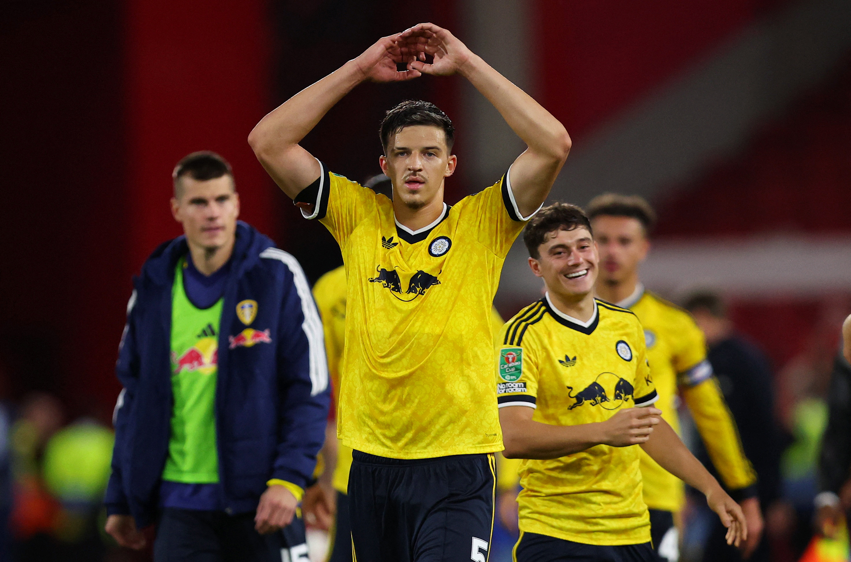 Soccer Football - Carabao Cup - Second Round - Nottingham Forest v Leeds United - The City Ground, Nottingham, Britain - August 25, 2026 Leeds United's Tarik Muharemovic celebrates after the match Action Images via Reuters/Craig Brough EDITORIAL USE ONLY.