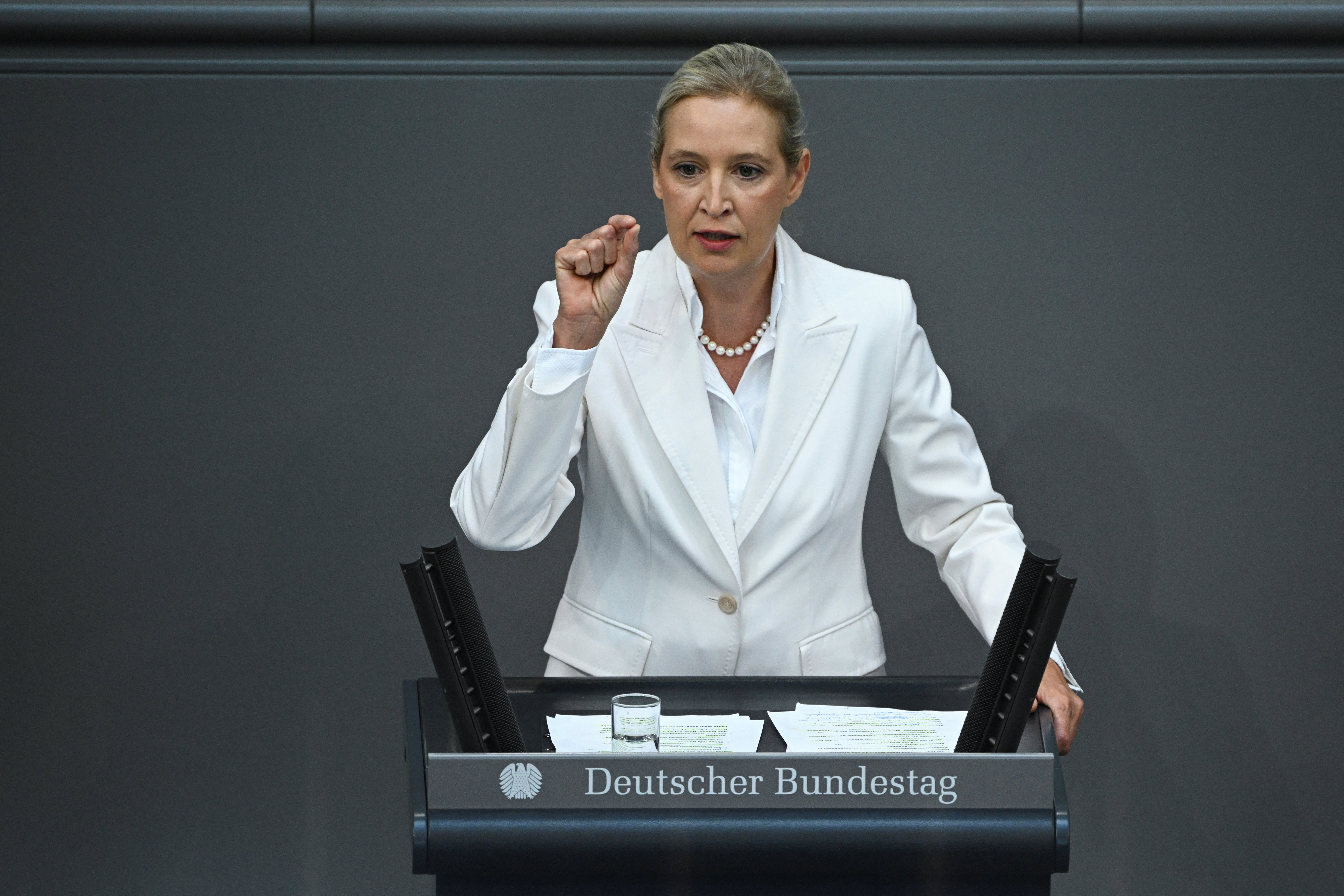 AfD co-leader Alice Weidel speaks during the 2027 budget debate during a plenum session of the lower house of parliament, the Bundestag, in Berlin, September 9, 2026. REUTERS/Annegret Hilse