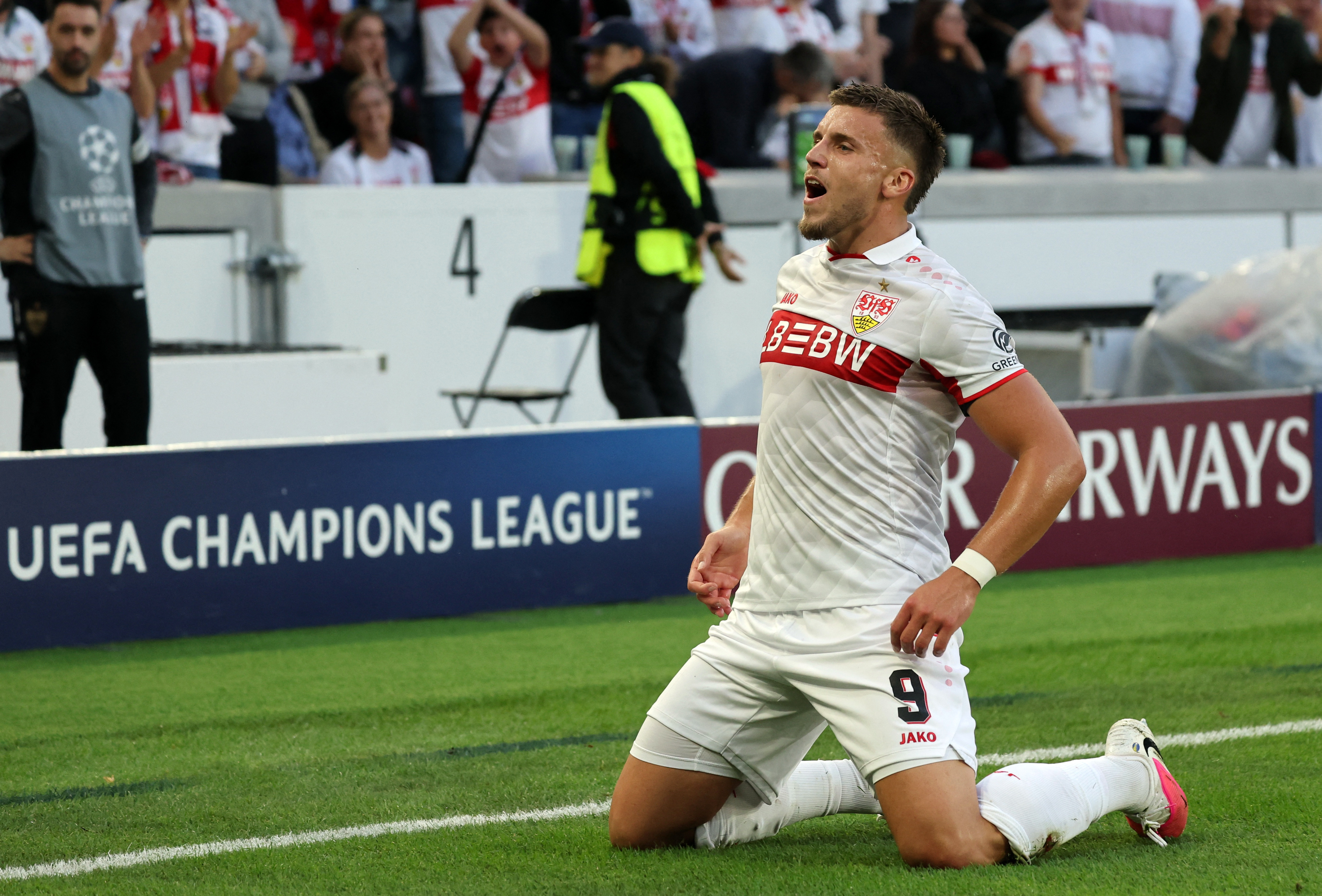 Soccer Football - UEFA Champions League - VfB Stuttgart v Viking - MHPArena, Stuttgart, Germany - September 9, 2026 VfB Stuttgart's Ermedin Demirovic celebrates scoring their second goal REUTERS/Robin Rudel
