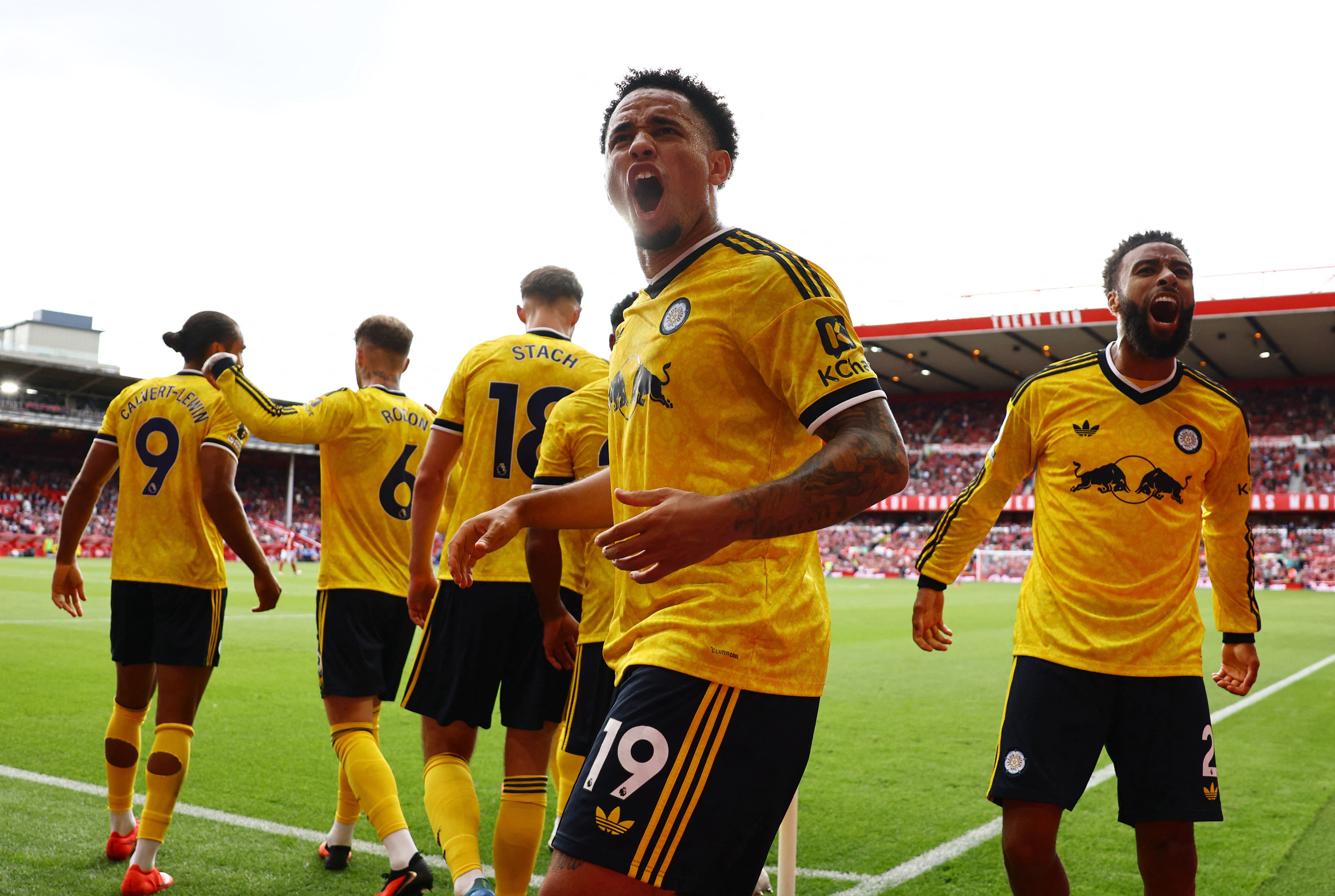 Soccer Football - Premier League - Nottingham Forest v Leeds United - The City Ground, Nottingham, Britain - August 22, 2026 Leeds United's Noah Okafor celebrates after Anton Stach scores their first goal REUTERS/David Klein EDITORIAL USE ONLY. NO USE WIT