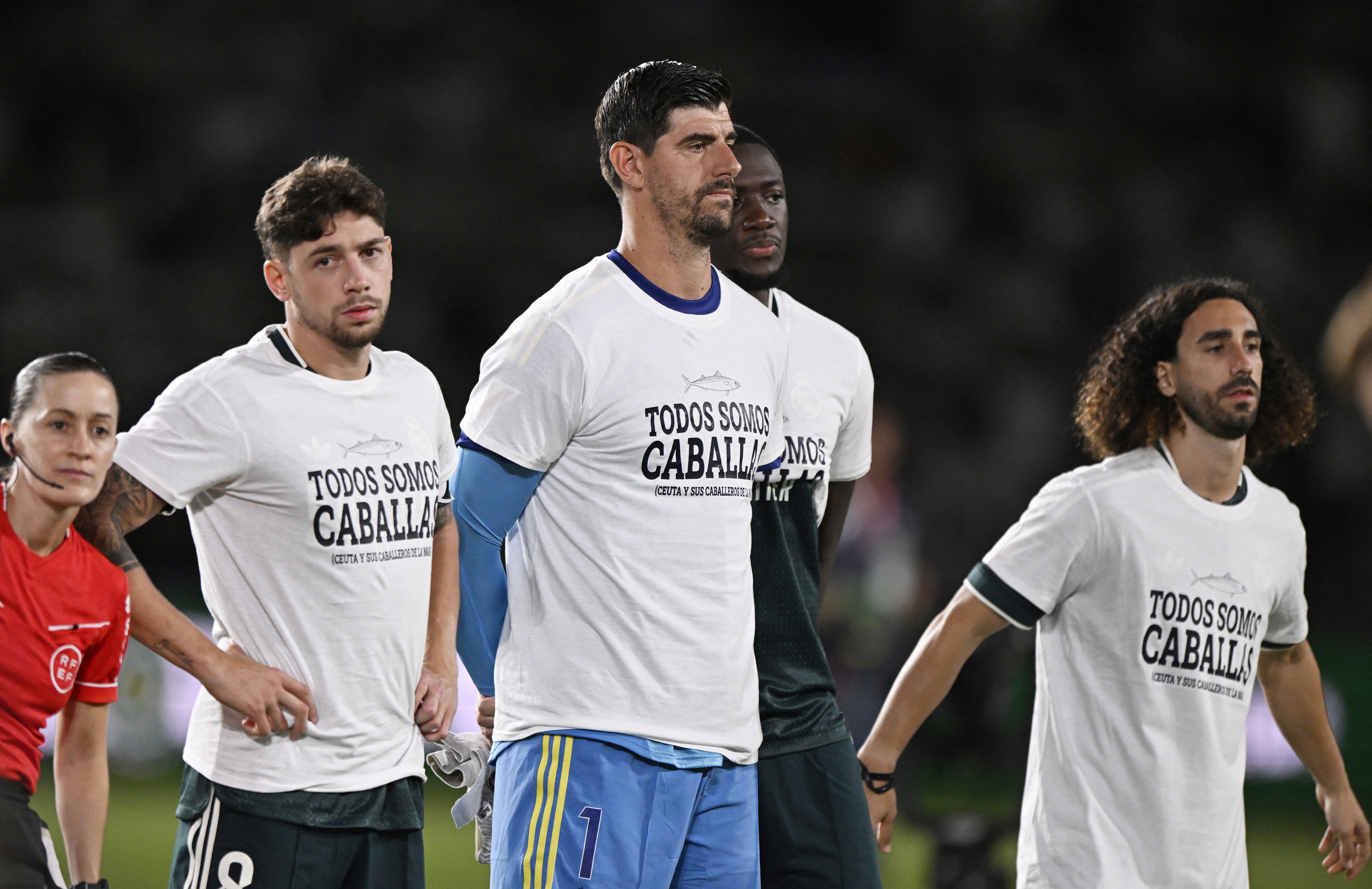 Soccer Football - LaLiga - Elche v Real Madrid - Estadio Manuel Martinez Valero, Elche, Spain - September 15, 2026 Real Madrid's Federico Valverde, Thibaut Courtois, Ibrahima Konate and Marc Cucurella before the match REUTERS/Pablo Morano