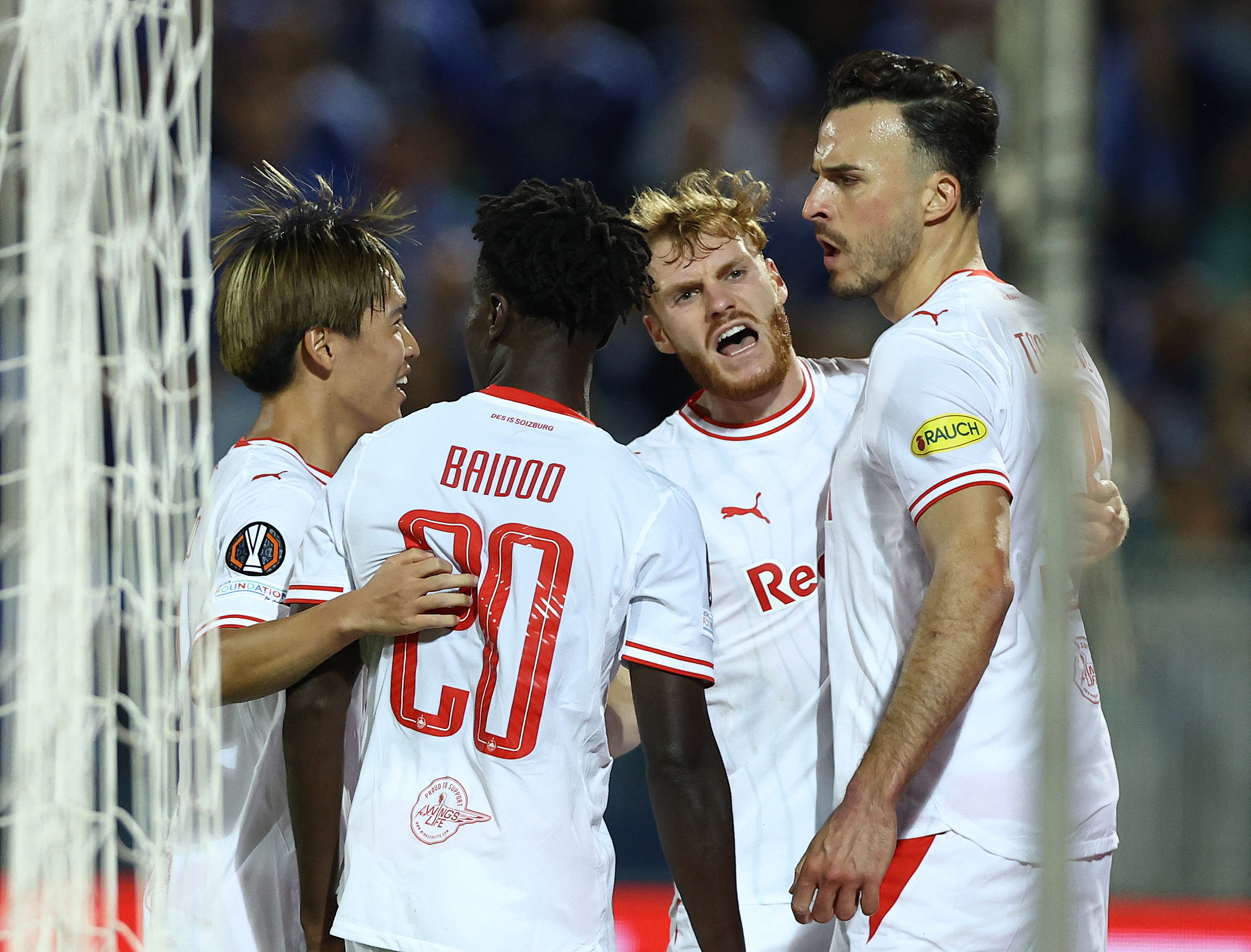 Soccer Football - UEFA Europa League - Levski Sofia v RB Salzburg - Georgi Asparuhov Stadium, Sofia, Bulgaria - September 17, 2026 RB Salzburg's Haris Tabakovic celebrates scoring their first goal with teammates REUTERS/Stoyan Nenov