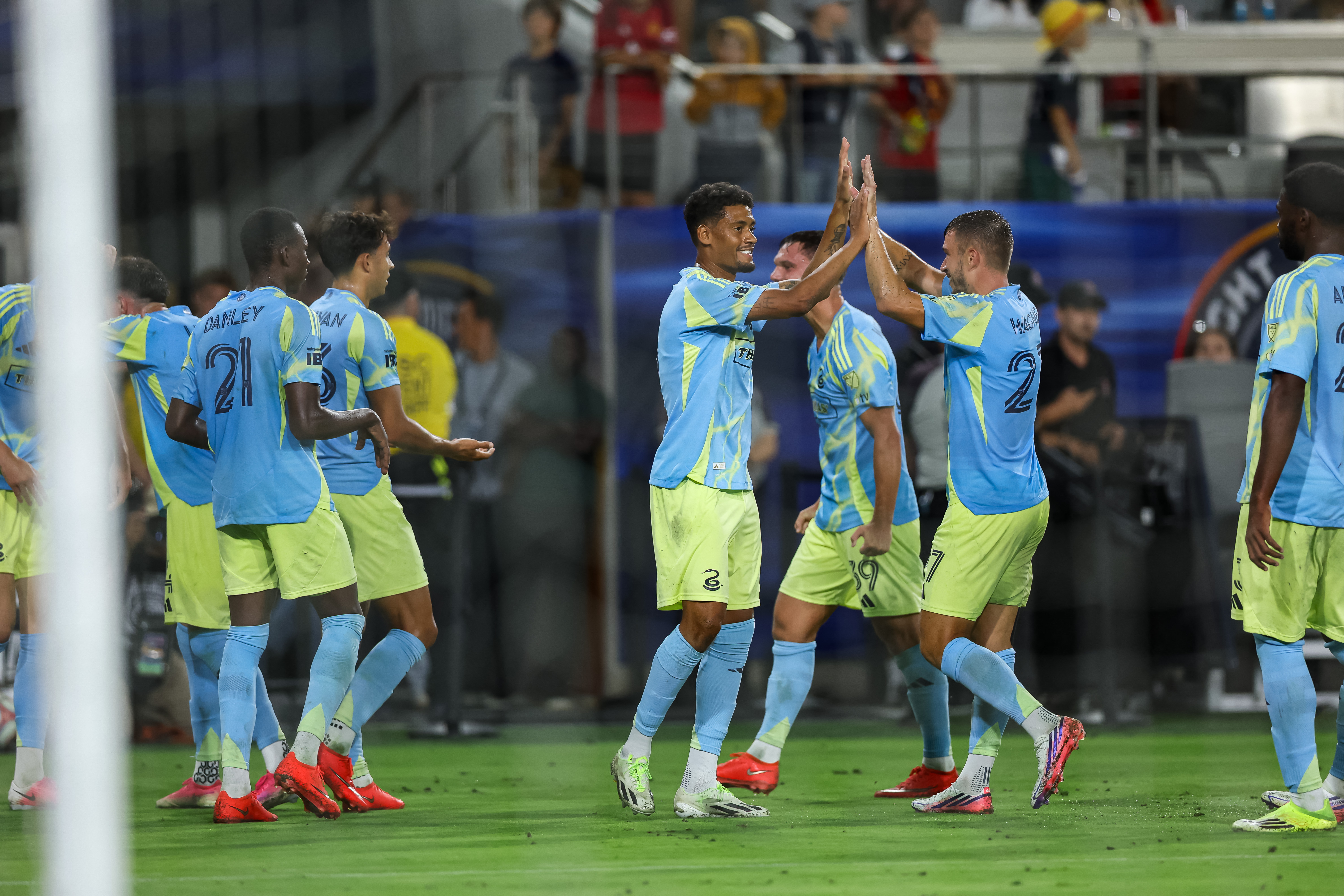 Sep 13, 2026; San Diego, California, USA;  Philadelphia Union teammates celebrate a second half goal by forward Malik Jakupovic (51) against San Diego FC at Snapdragon Stadium.  Mandatory Credit: Chadd Cady-Imagn Images