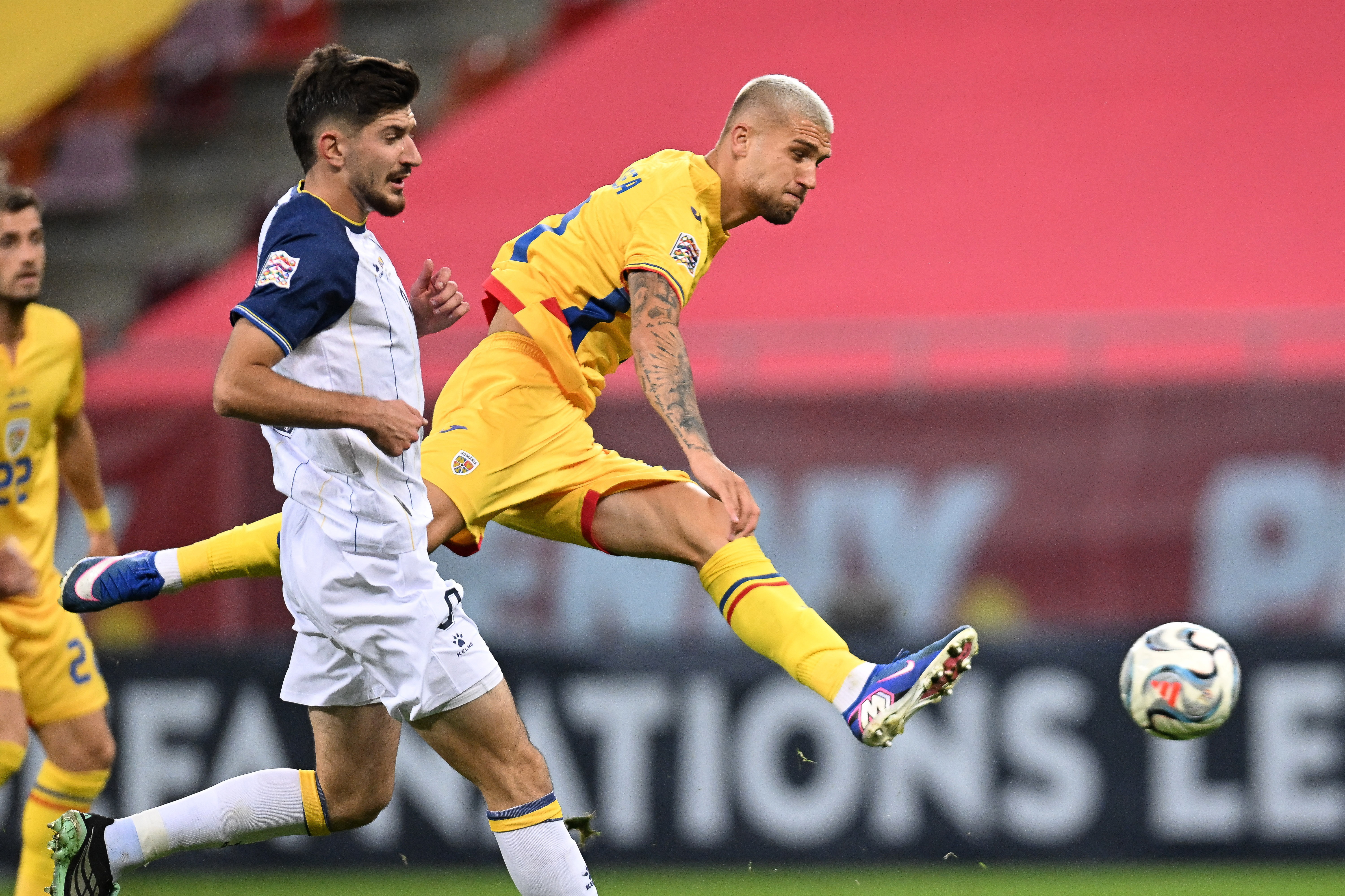 Soccer Football - UEFA Nations League - Group B4 - Romania v Bosnia and Herzegovina - National Arena, Bucharest, Romania - September 28, 2026 Romania's Daniel Birligea shoots at goal Inquam Photos via REUTERS/Eduard Vinatoru ROMANIA OUT. NO COMMERCIAL OR