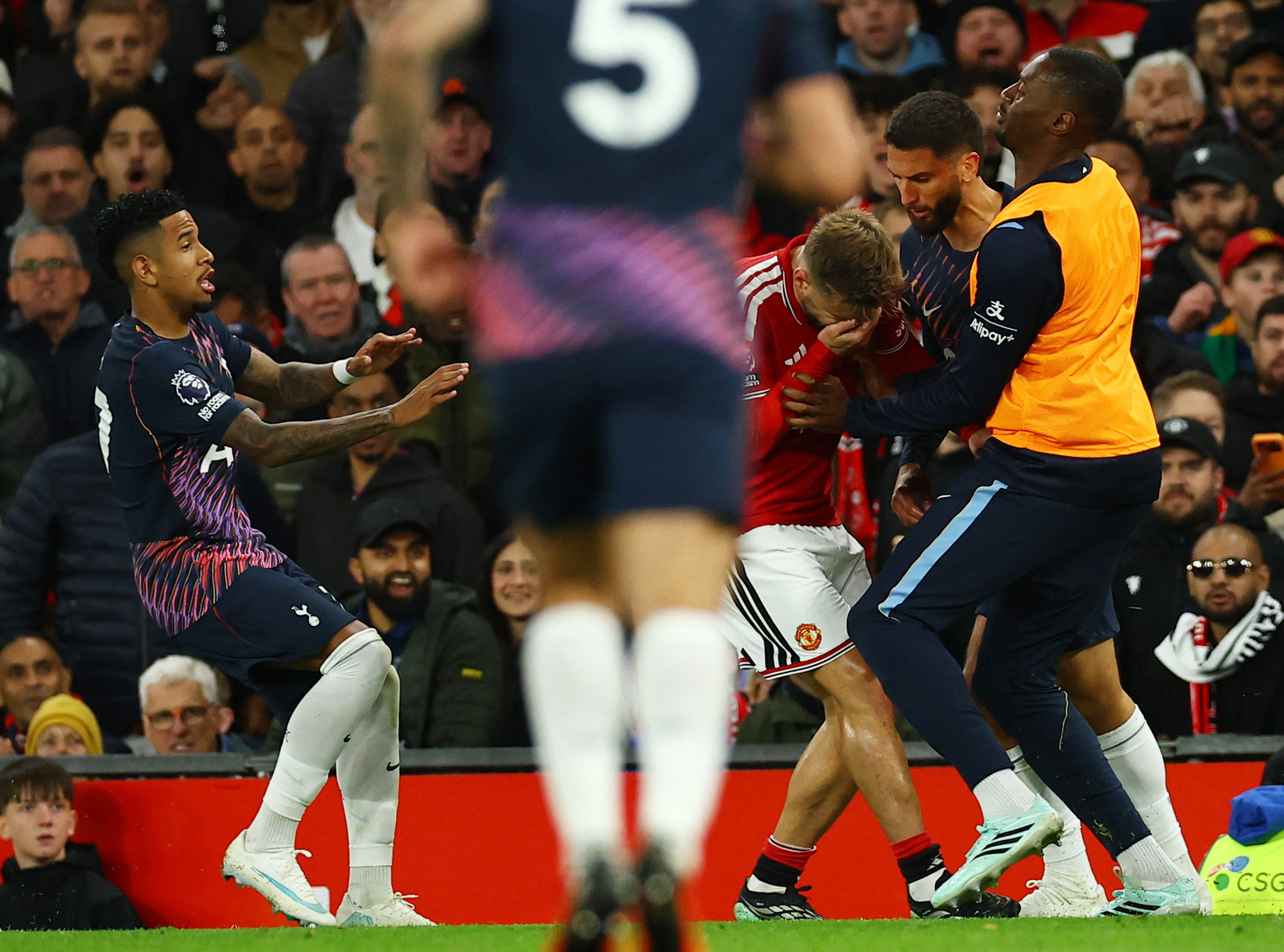 Soccer Football - Premier League - Manchester United v Tottenham Hotspur - Old Trafford, Manchester, Britain - October 10, 2026 Manchester United's Luke Shaw reacts after a clash before Tottenham Hotspur's Rodrigo Bentancur is shown a red card by referee