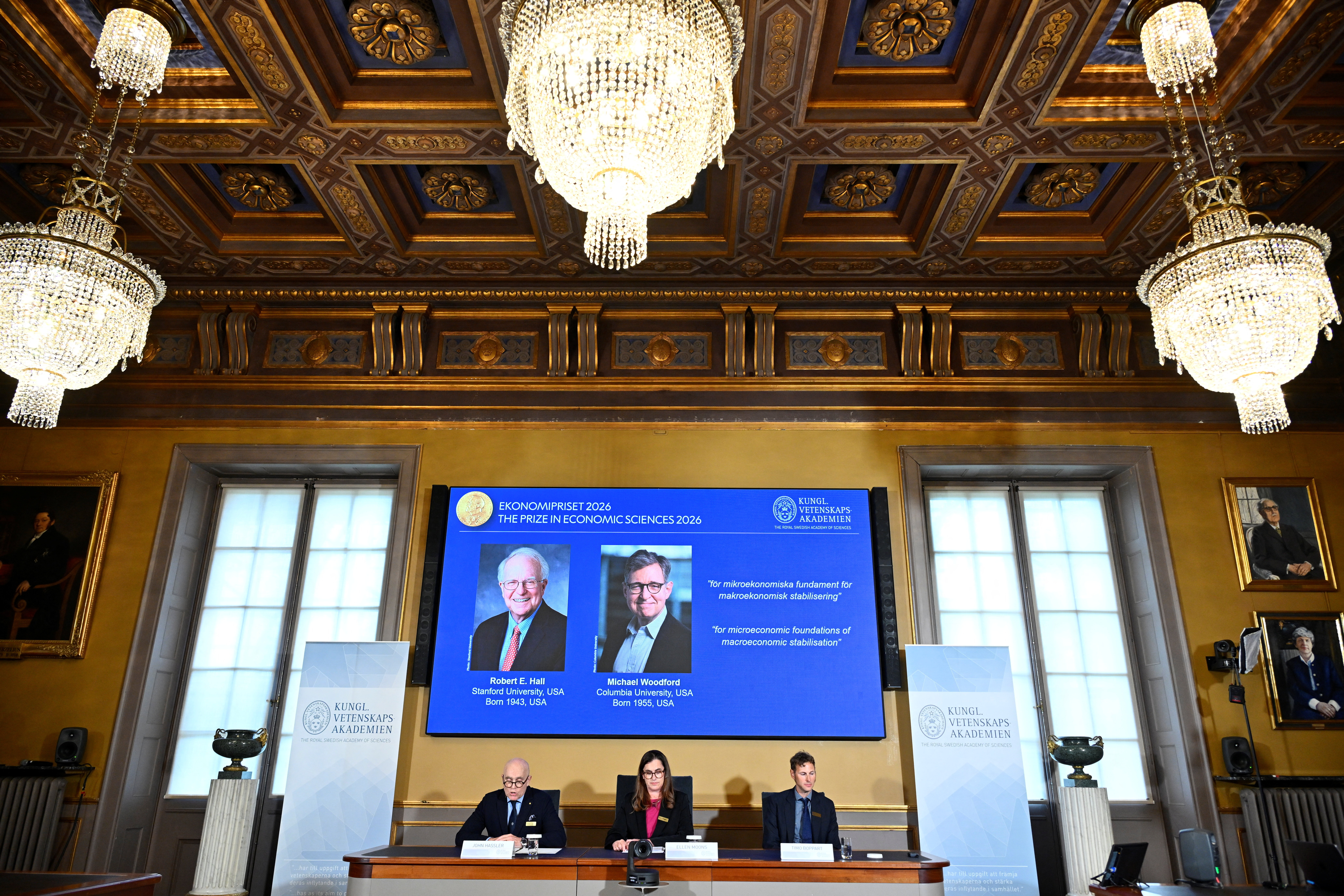 Robert E. Hall and Michael Woodford are announced as the laureates of the 2026 Sveriges Riksbank Prize in Economic Sciences in Memory of Alfred Nobel at the Royal Swedish Academy of Sciences in Stockholm, Sweden