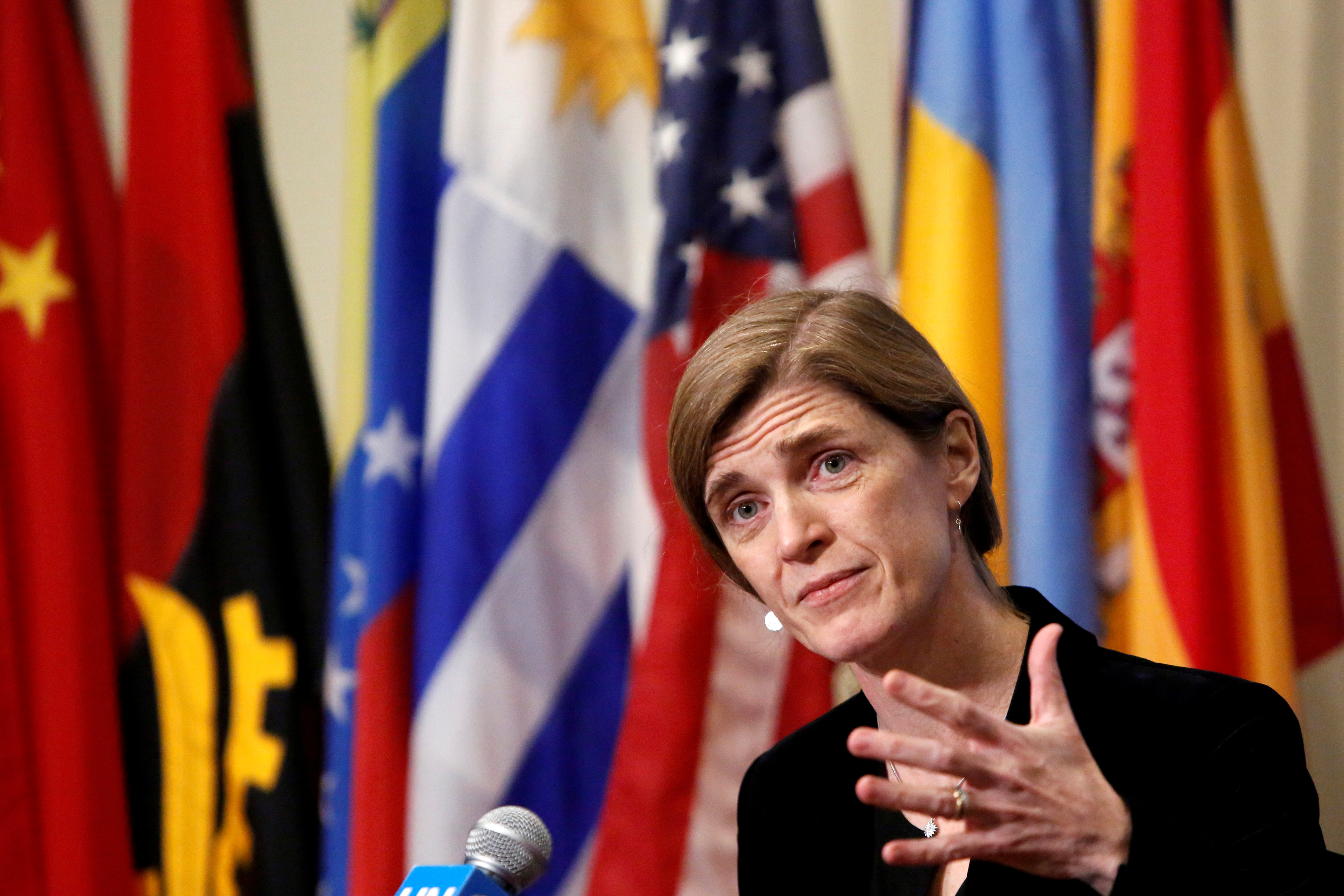 FILE PHOTO: United States Ambassador to the United Nations Power addresses media