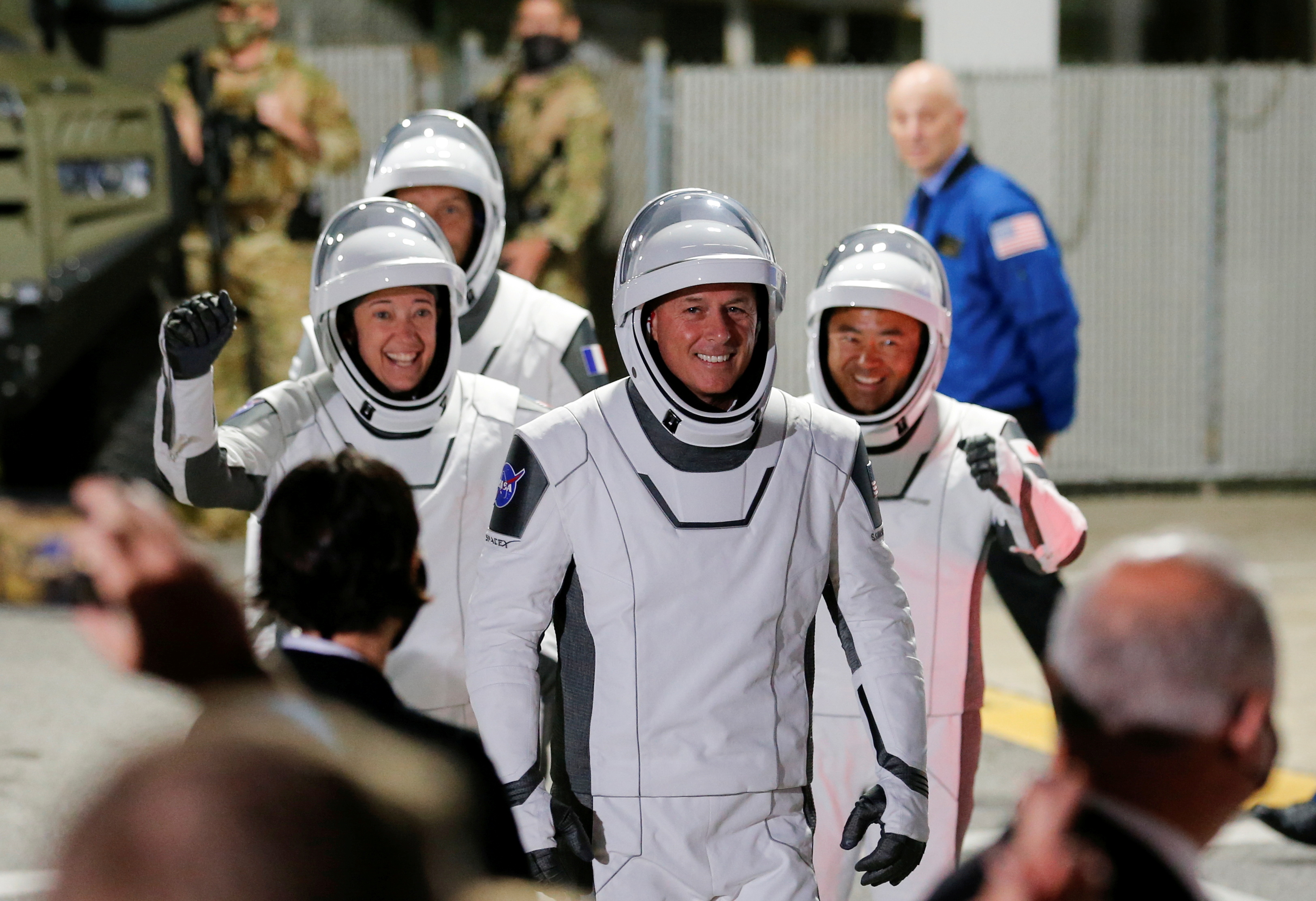 NASA, JAXA and ESA astronauts arrive for the boarding of the SpaceX Falcon 9 rocket with the Crew Dragon capsule, in Cape Canaveral