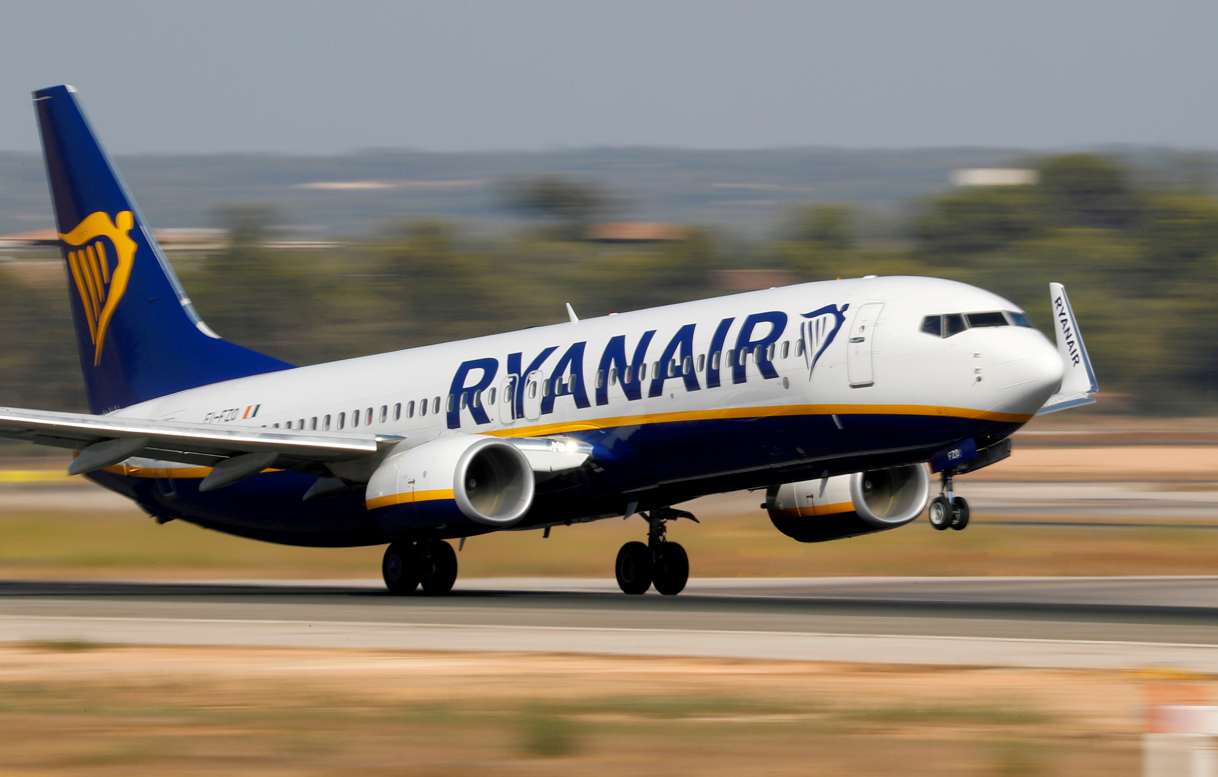 Ryanair Boeing 737 airplane takes off from the airport in Palma de Mallorca