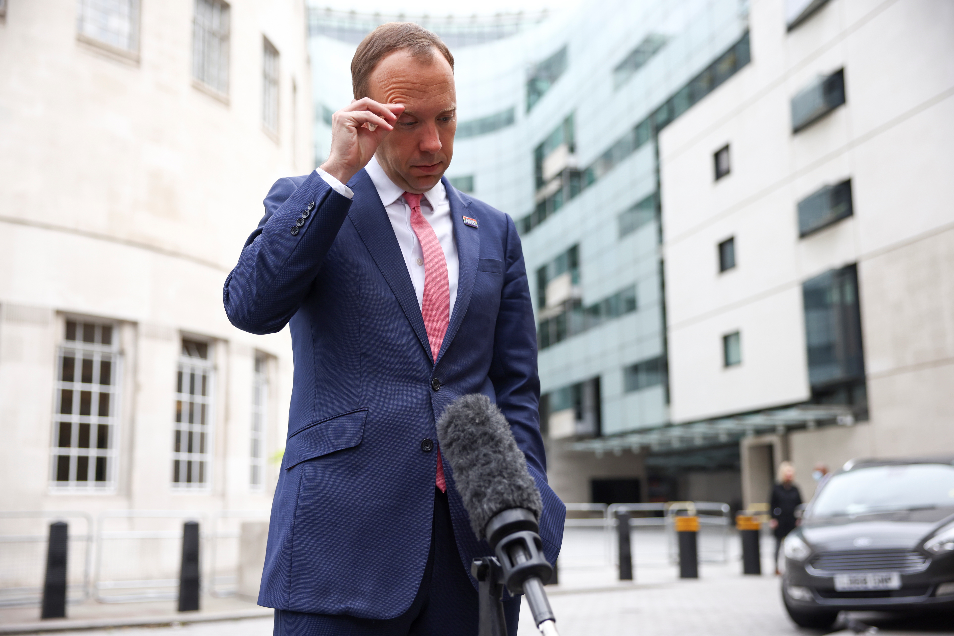 Britain's Health Secretary Matt Hancock speaks to media outside the BBC Headquarters in London