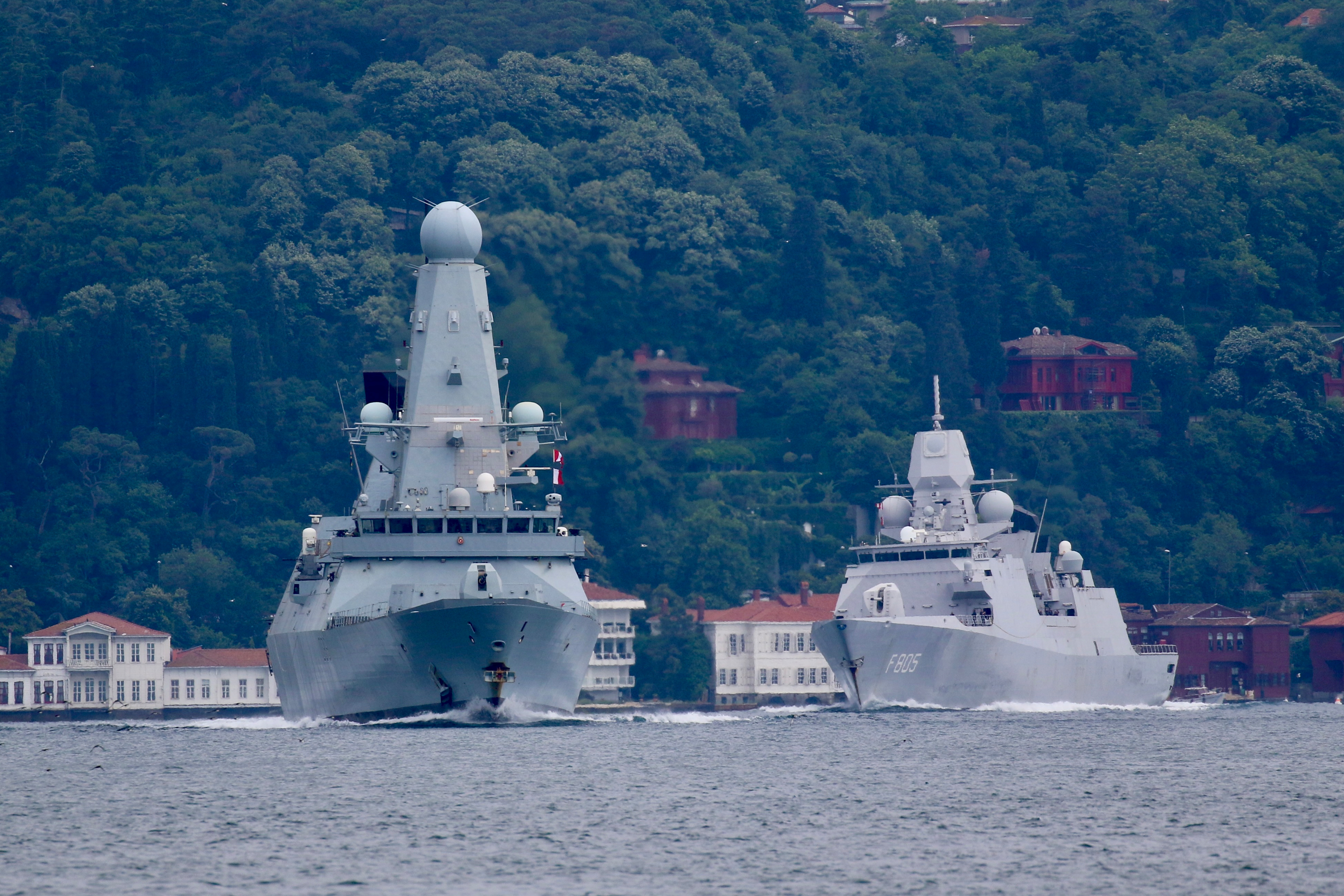 FILE PHOTO: Royal Navy HMS Defender sets sail in Istanbul's Bosphorus